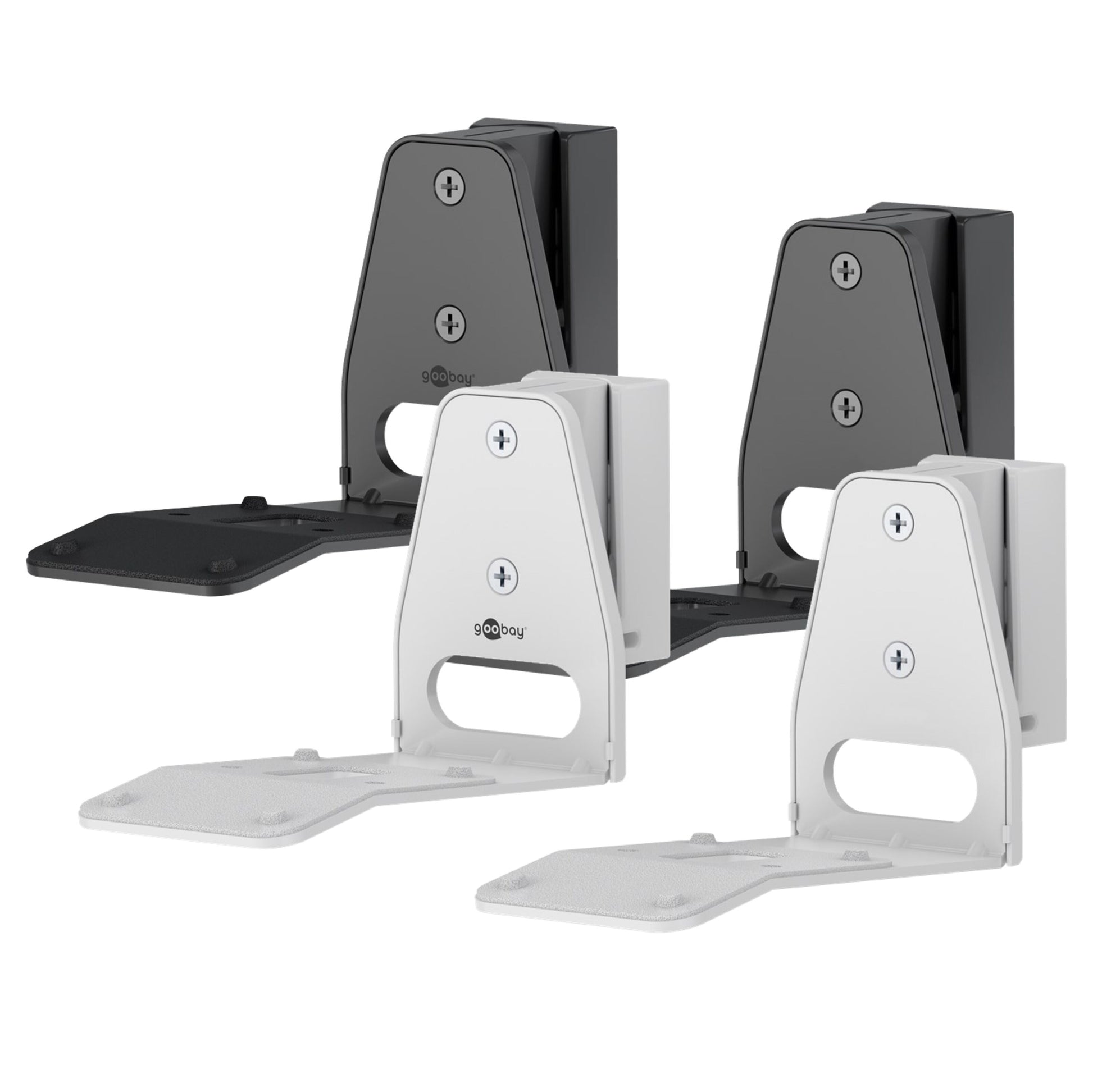 2-pak foldbare sorte vægbeslag til Sonos Arc 300 med platform, skruehuller og tilt-funktion.