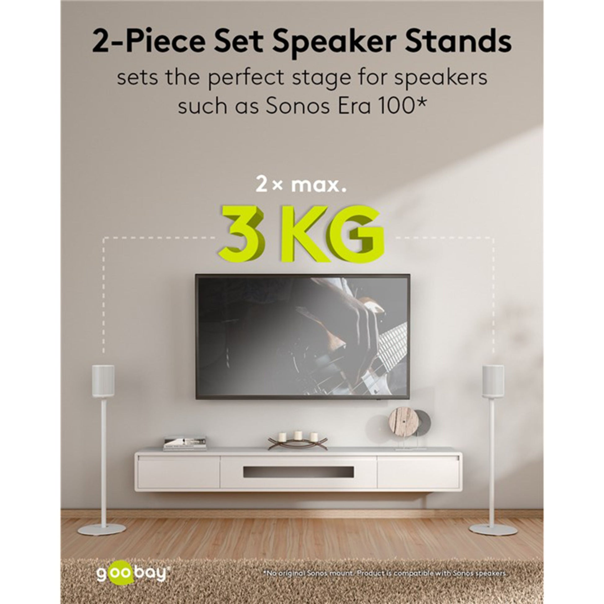 Goobay Højttalerstativ til Sonos Era 100, 2-pak, hvid, maks 3 kg pr. stativ, Goobay-logo synligt nederst.