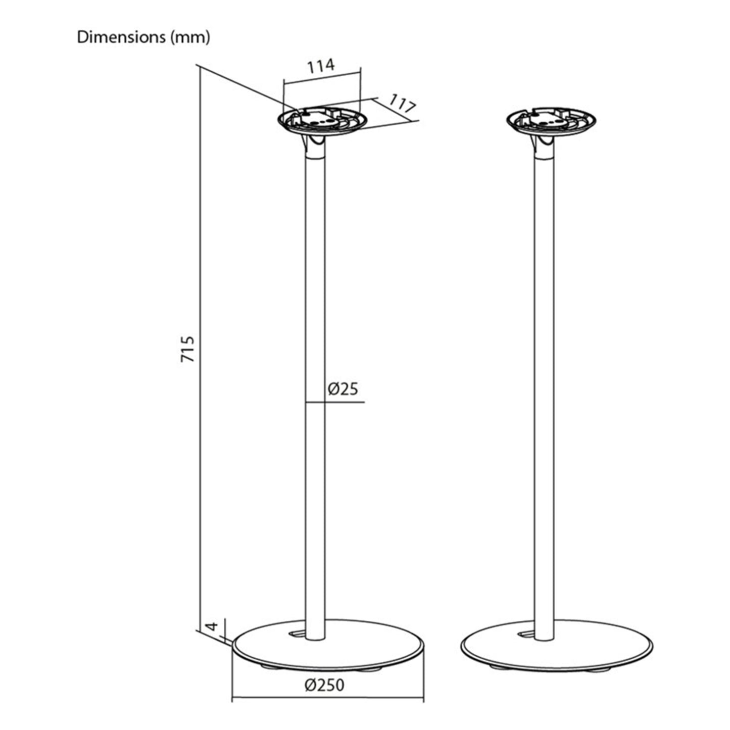 Højttalerstativ til Sonos Era 100 2-pak hvid, højde 715 mm, fod Ø250 mm, stang Ø25 mm, topplade 114x117 mm.