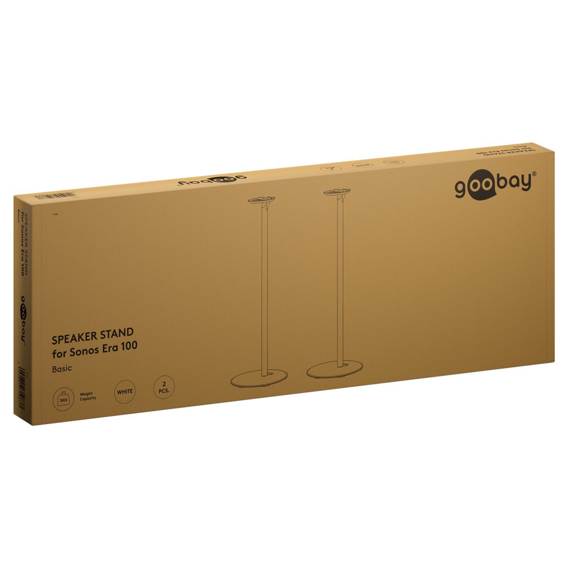 Goobay højttalerstativ til Sonos Era 100, 2-pack, hvid, leveres i brun æske med Goobay-logo og stativillustration.