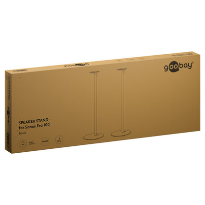 Goobay højttalerstativ til Sonos Era 100, 2-pack, hvid, leveres i brun æske med Goobay-logo og stativillustration.