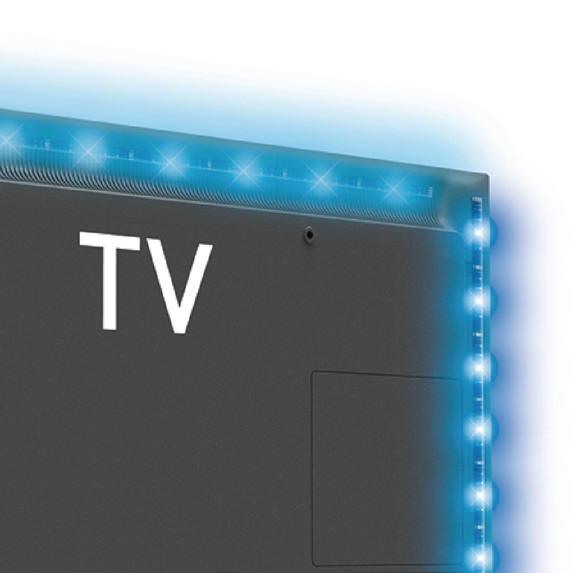 Bagfra TV med Ledsavers LED-strips til TV RGB 3-pakke, blåt lys langs kanten som baggrundsbelysning.