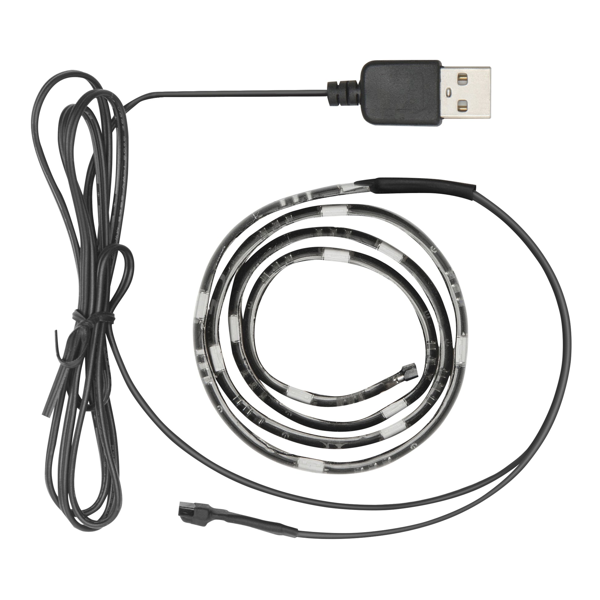 LED-strips til TV RGB 3-pakke, sorte ledninger, USB-stik, sammenrullede LED-bånd, velegnet til baggrundsbelysning.