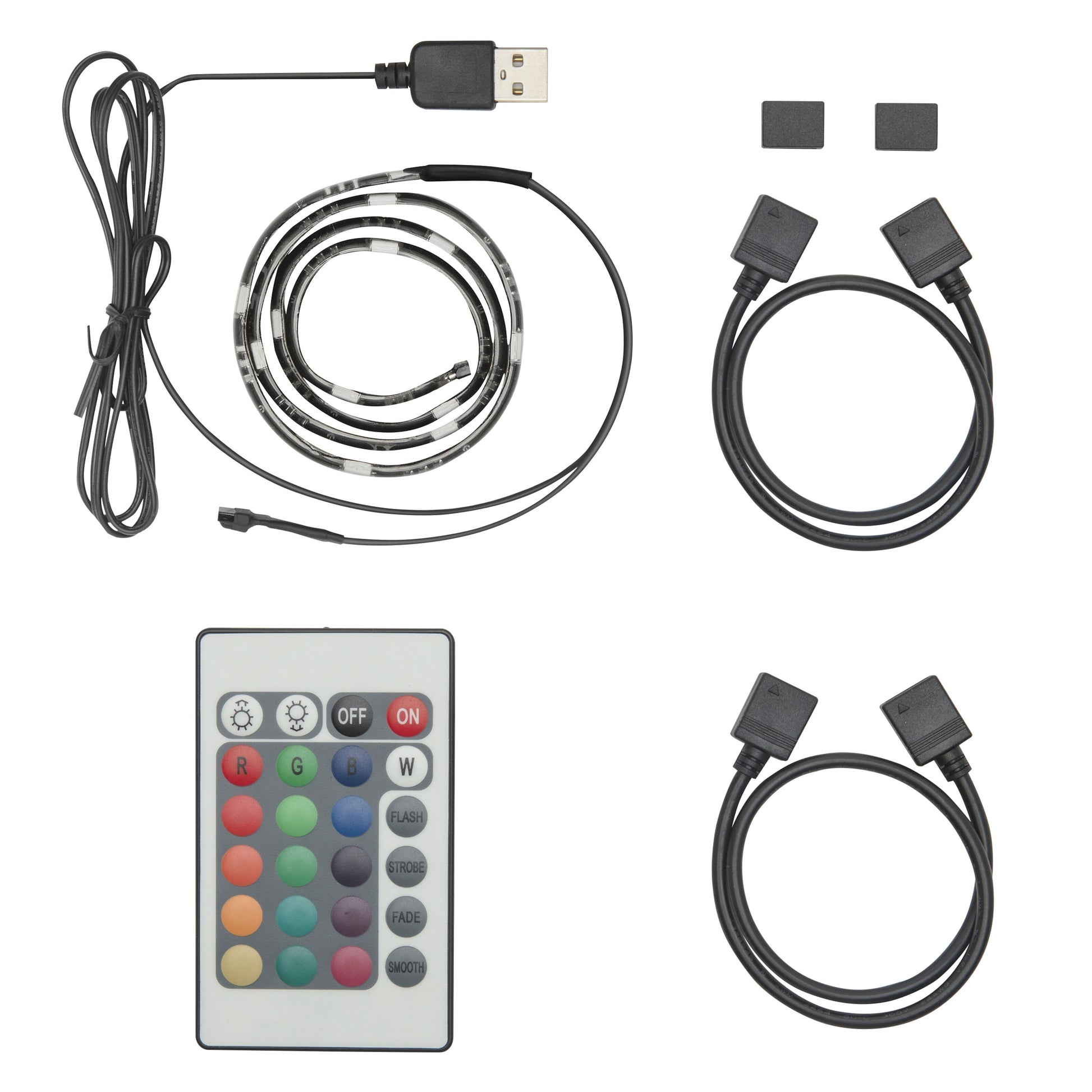 Ledsavers LED-strips til TV RGB 3-pakke, USB-drevet, fjernbetjening, stikledninger, selvklæbende bagside.