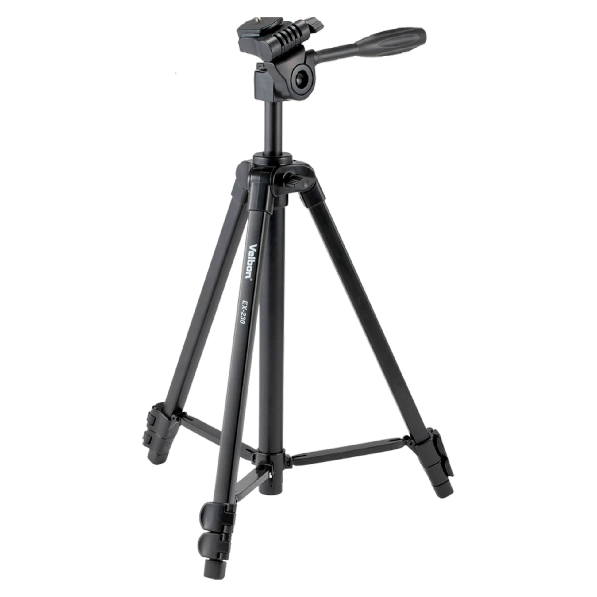 Velbon EX-230II tripod sort aluminium med pan-tilt hoved, teleskopben og mobilholder til smartphone eller kamera.