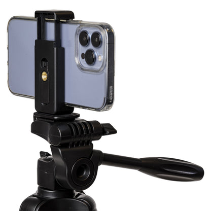 Velbon EX-230II kamerastativ med mobilholder, sæt fra siden og bagfra med smartphone monteret vandret, linser synlige.