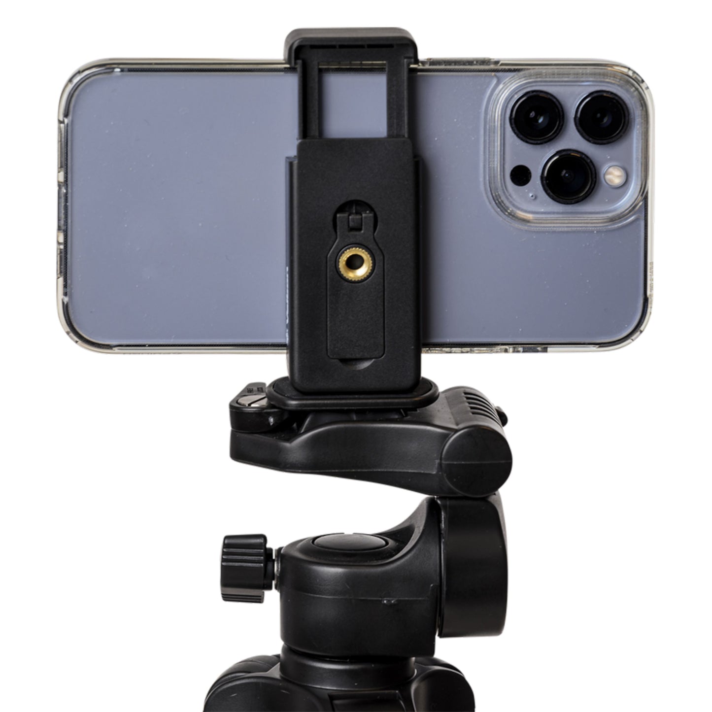 Smartphone i gennemsigtigt cover monteret vandret på sort aluminium EX-230II stativ med mobilholder, viser bageste triple kamera.