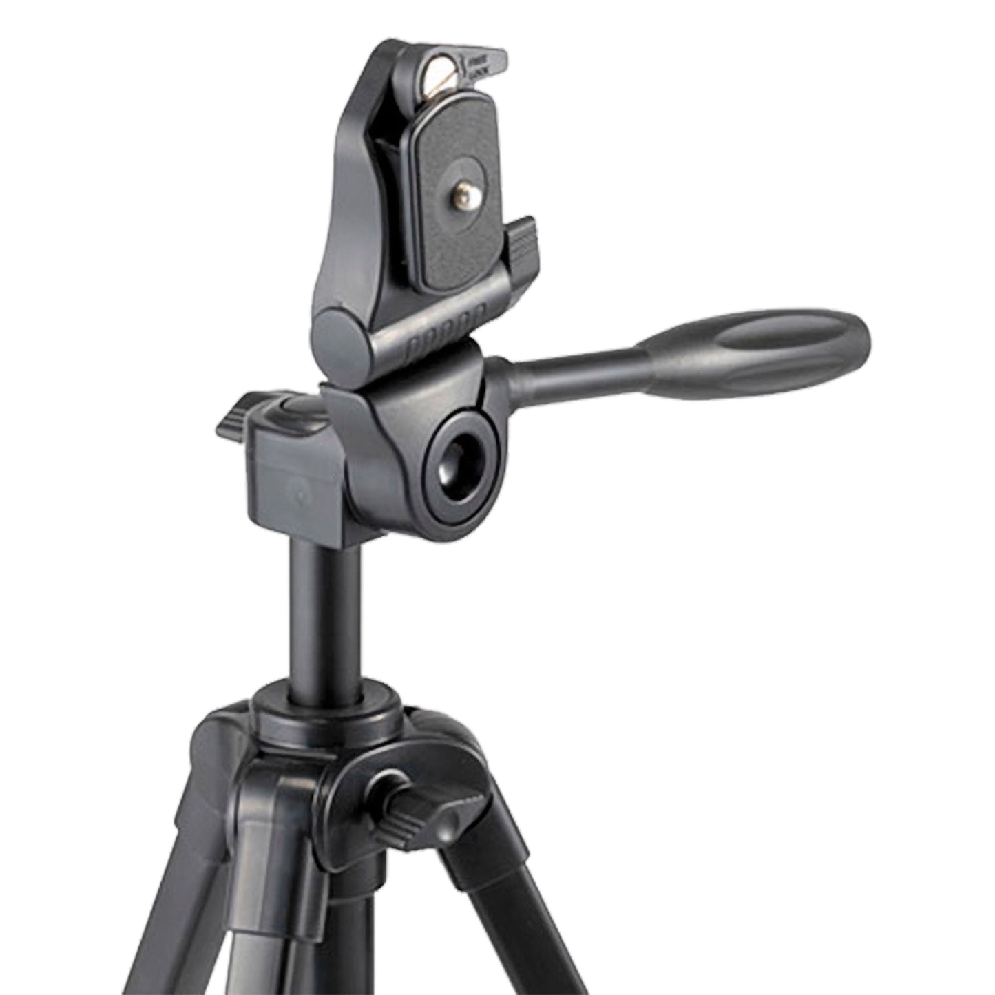 Velbon EX-230II sort aluminiumsstativ med justerbart hoved, håndtag, quick-release plade og mobilholder til smartphones.
