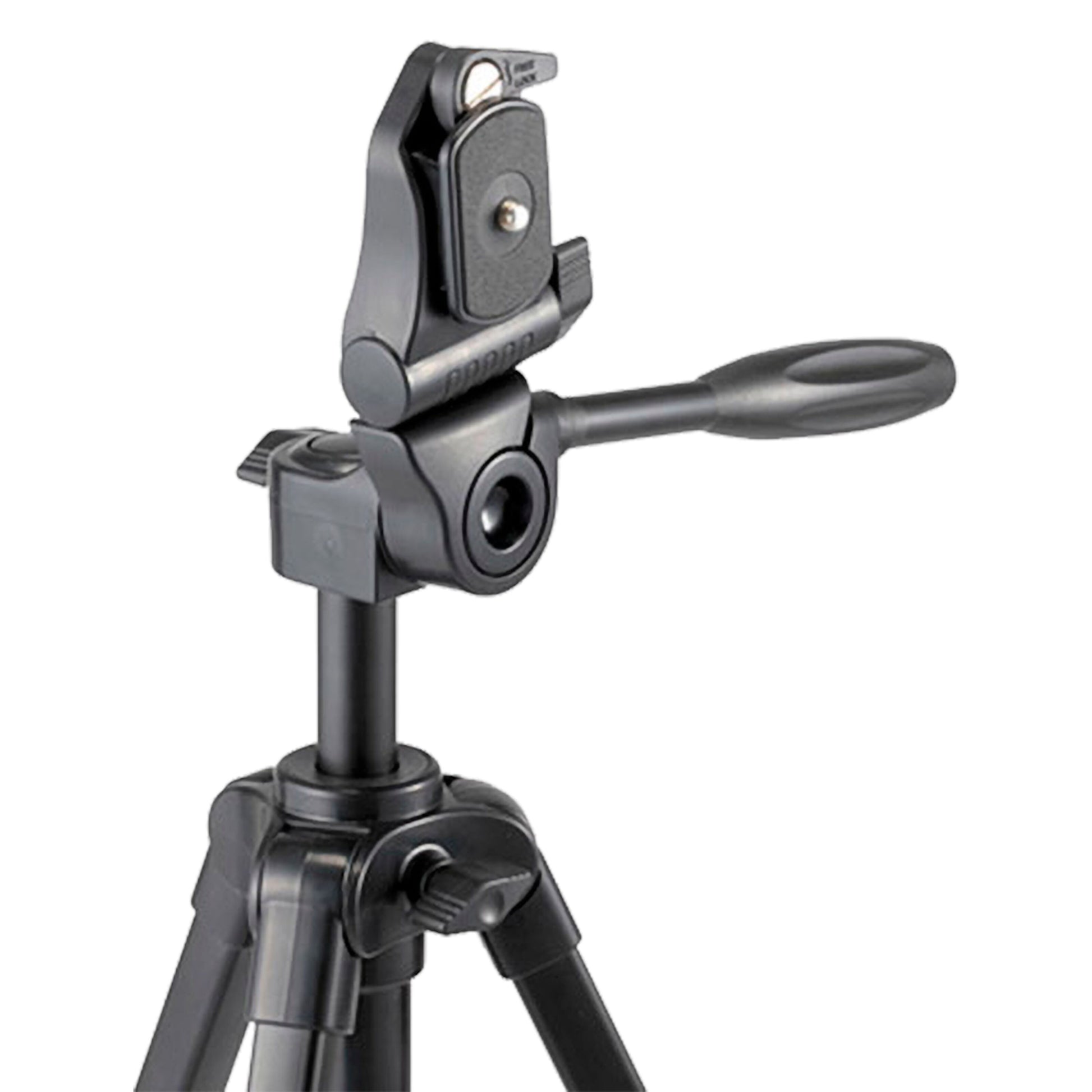 Velbon EX-230II sort aluminiumsstativ med justerbart hoved, håndtag, quick-release plade og mobilholder til smartphones.