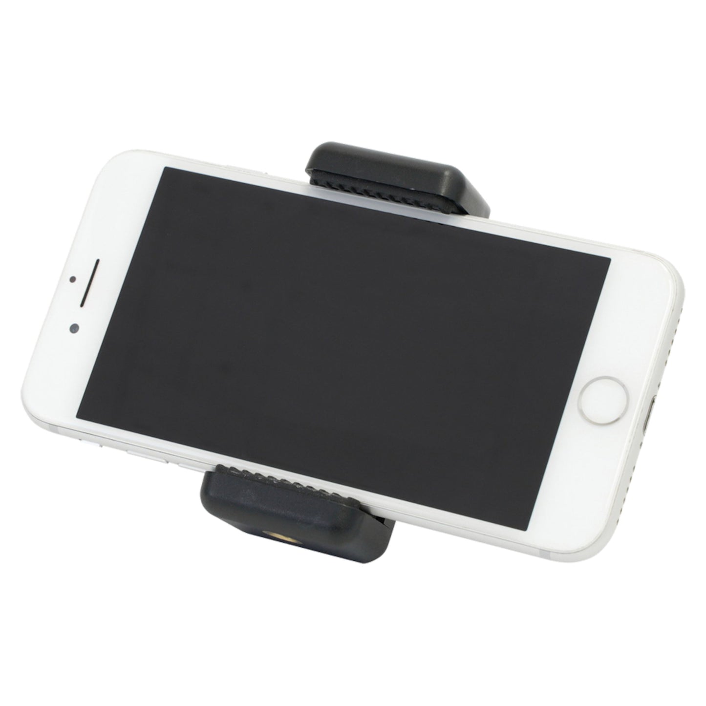 Velbon EX-230II med mobilholder, aluminium, hvide smartphone vandret fastgjort med greb øverst og nederst.