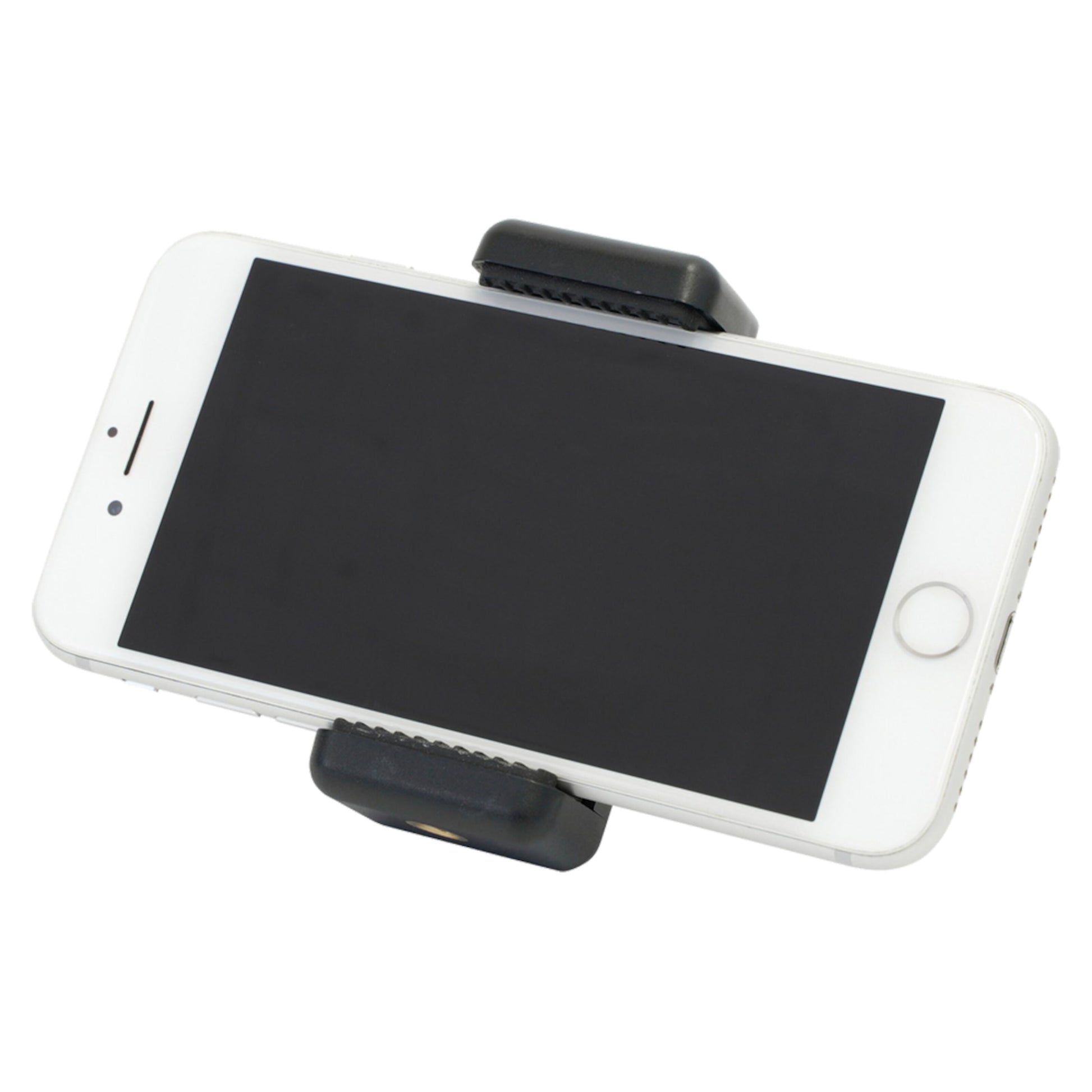 Velbon EX-230II med mobilholder, aluminium, hvide smartphone vandret fastgjort med greb øverst og nederst.