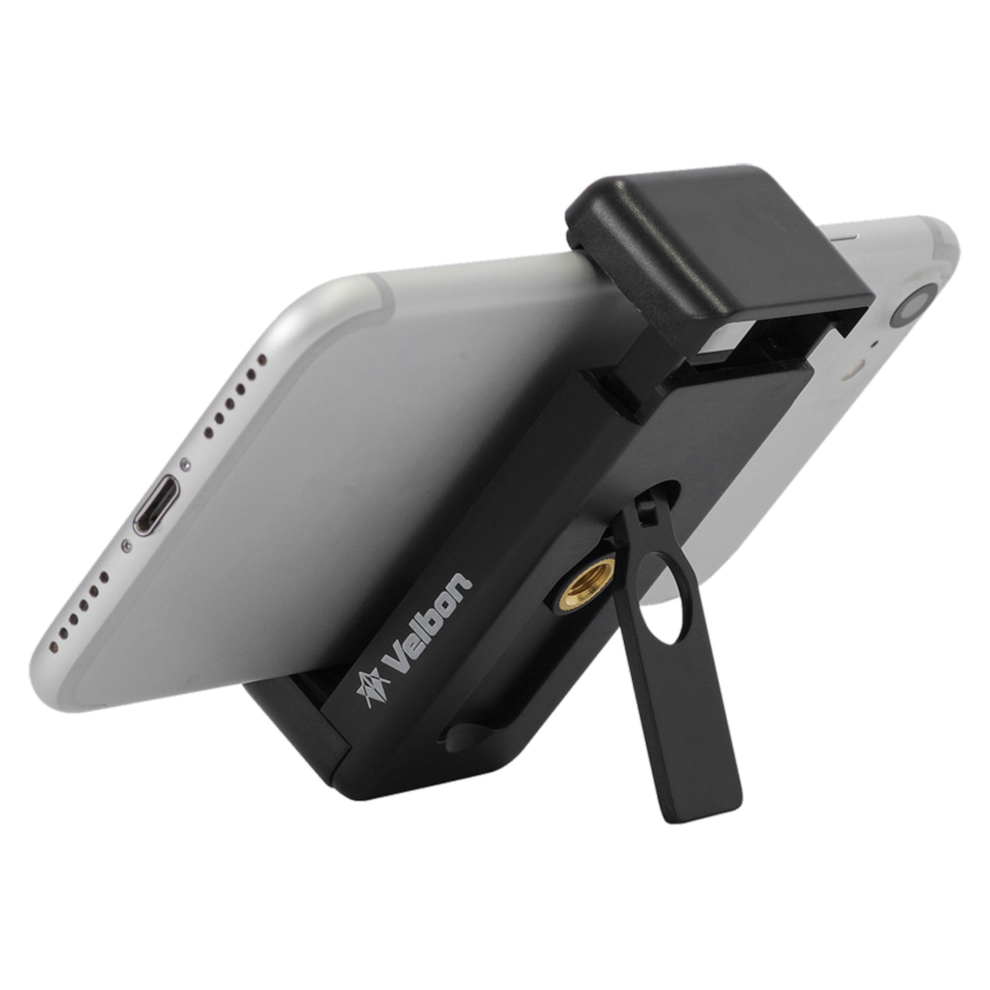 Velbon EX-230II mobilholder sort, aluminiumsstel, indbygget stander og lille metalstativbeslag til smartphone.