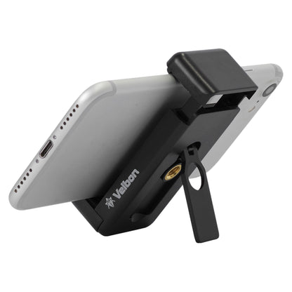 Velbon EX-230II mobilholder sort, aluminiumsstel, indbygget stander og lille metalstativbeslag til smartphone.