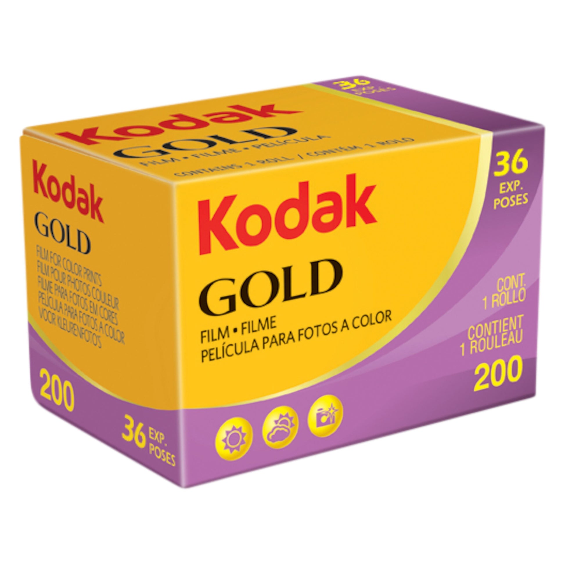 Kodak Gold 135 film 36 billeder farve ISO 200 1-pak gul/lilla æske til 35mm kamera tekst: Engelsk, spansk, portugisisk.