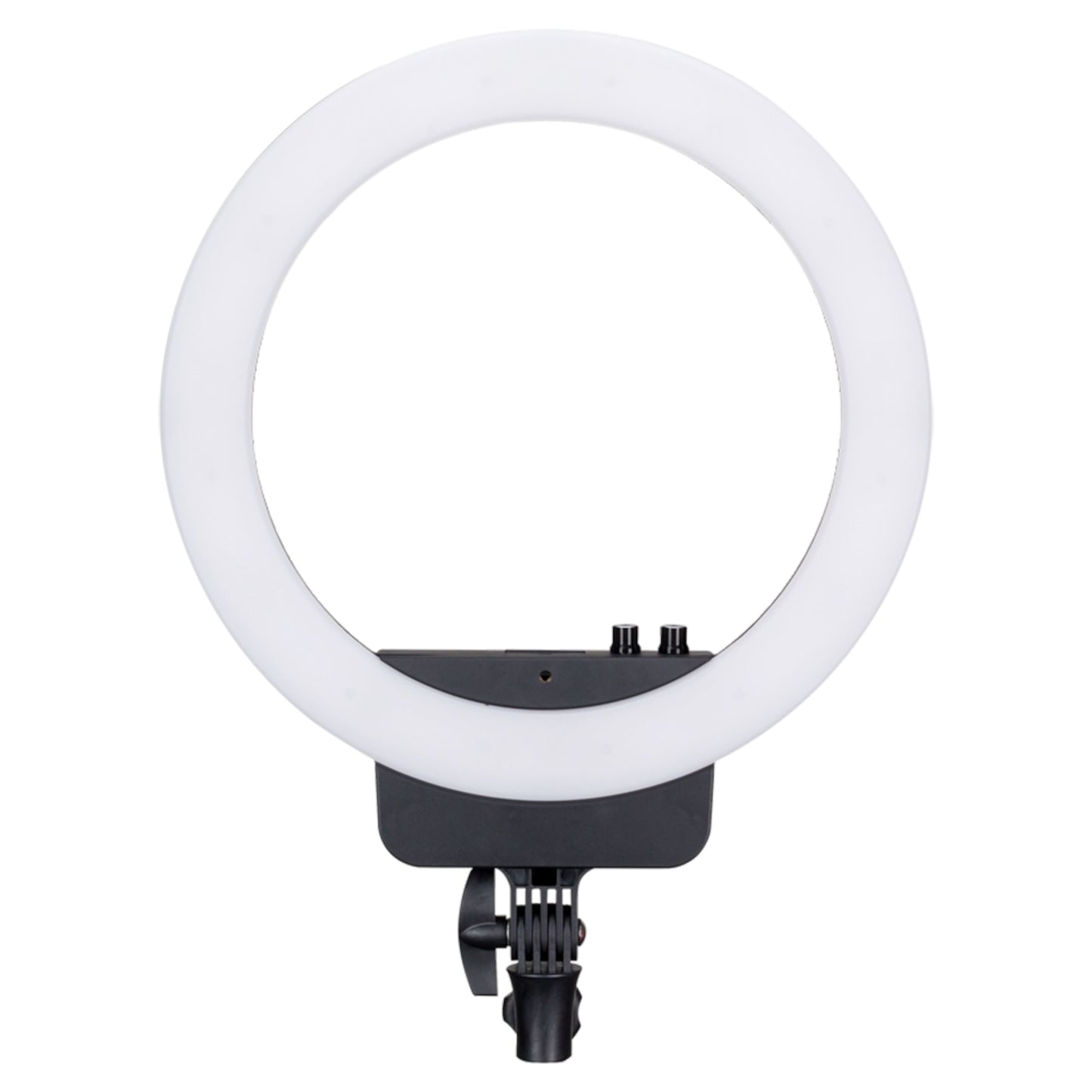 Nanlite Halo 16 LED ringlys, hvid cirkulær med sort monteringsbeslag og kontrolknapper.