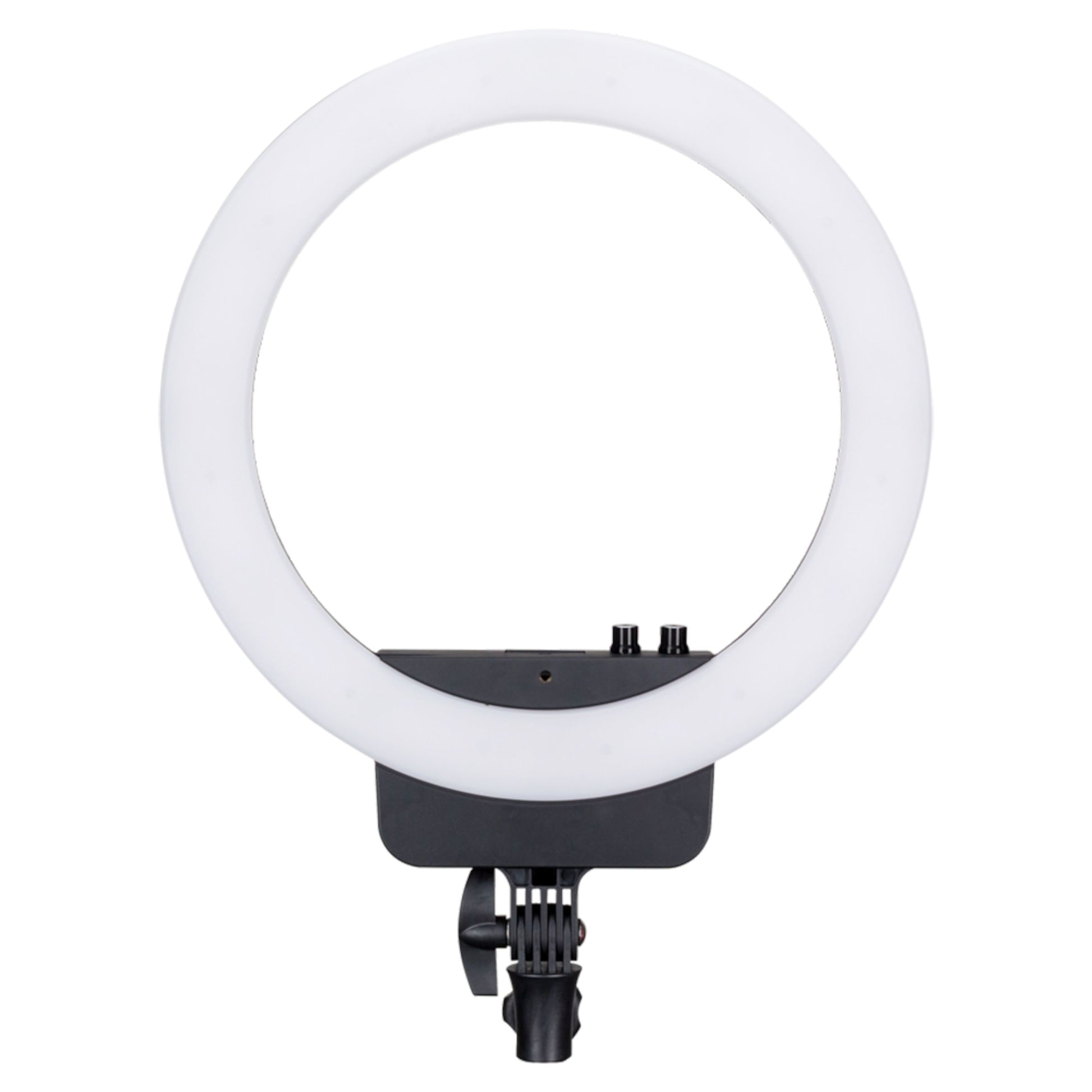 Nanlite Halo 16 LED ringlys, hvid cirkulær med sort monteringsbeslag og kontrolknapper.