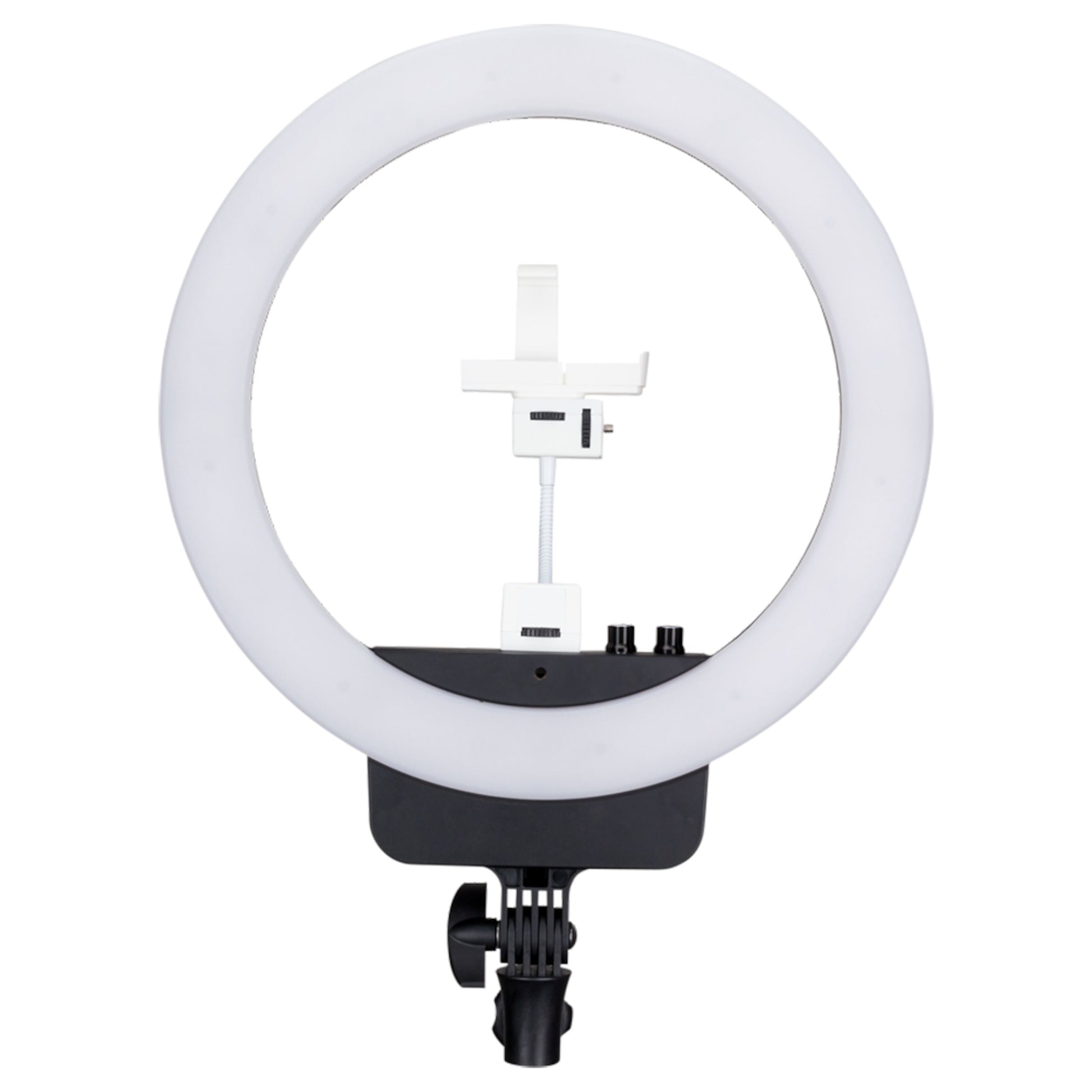 Nanlite Halo 16 LED-ringbelysning cirkulær med central mobilholder og sorterer justerbar klemme til montering.