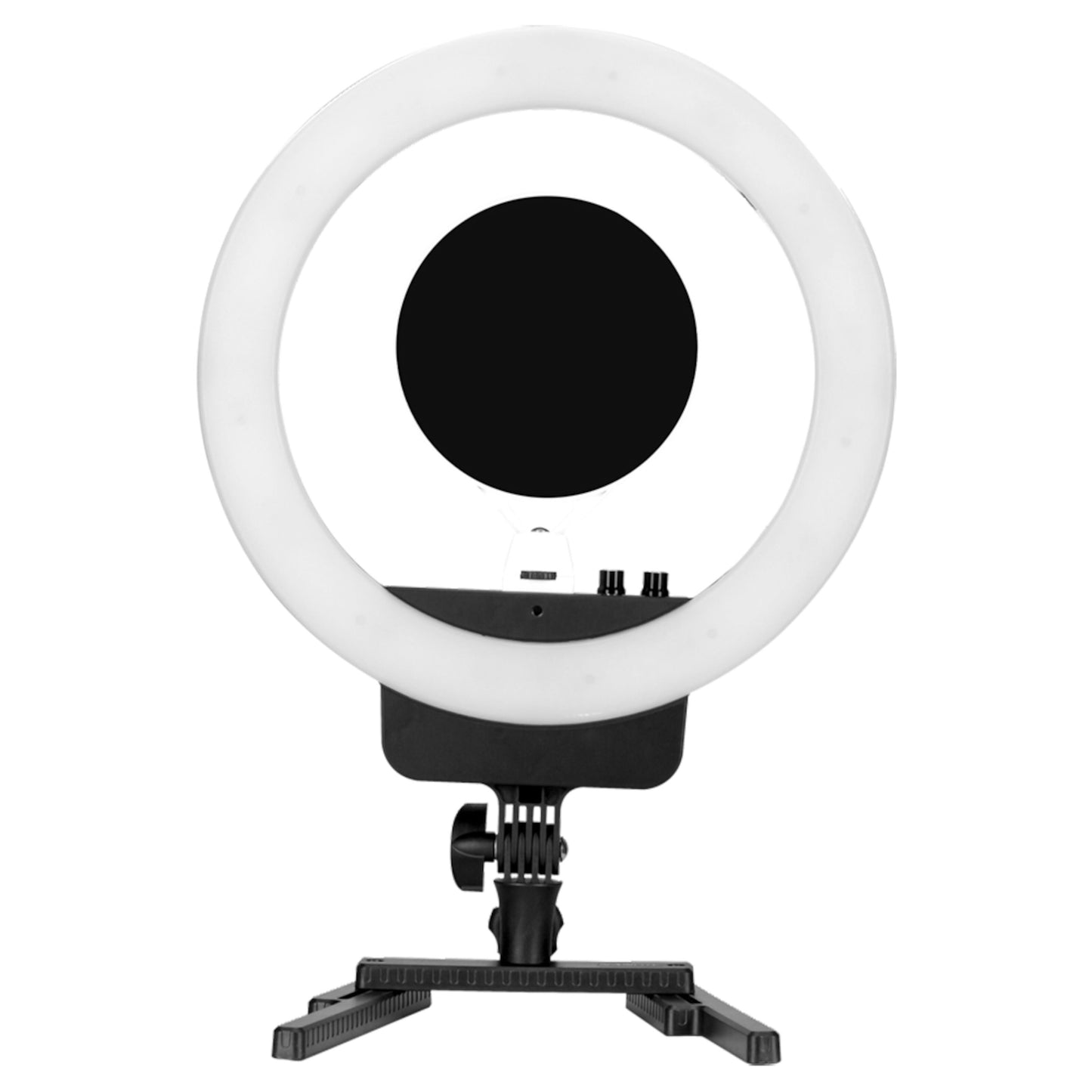 Nanlite Halo 16 LED ringlys hvid med sort justerbart stativ, kontrolknapper og mobilholder.