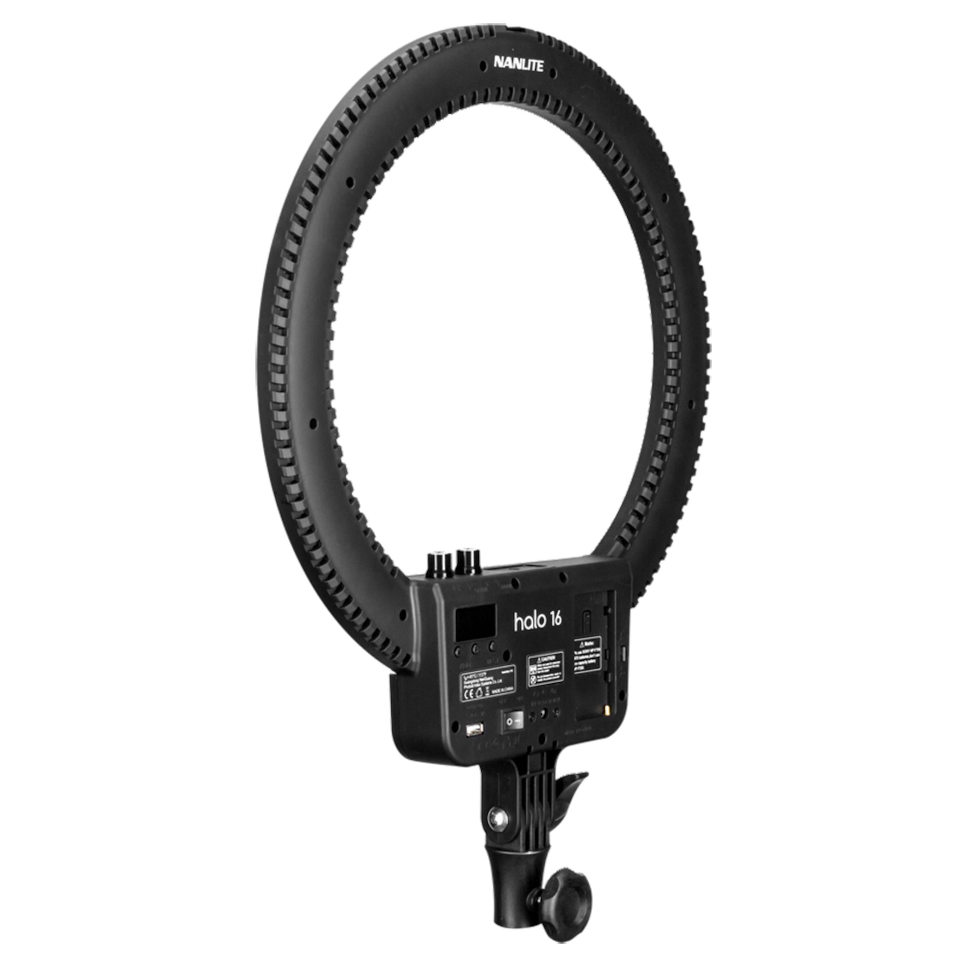 Nanlite Halo 16 LED ringlys, rundt design, justerbart beslag, sort, set bagfra med kontrolknapper og indstillinger.