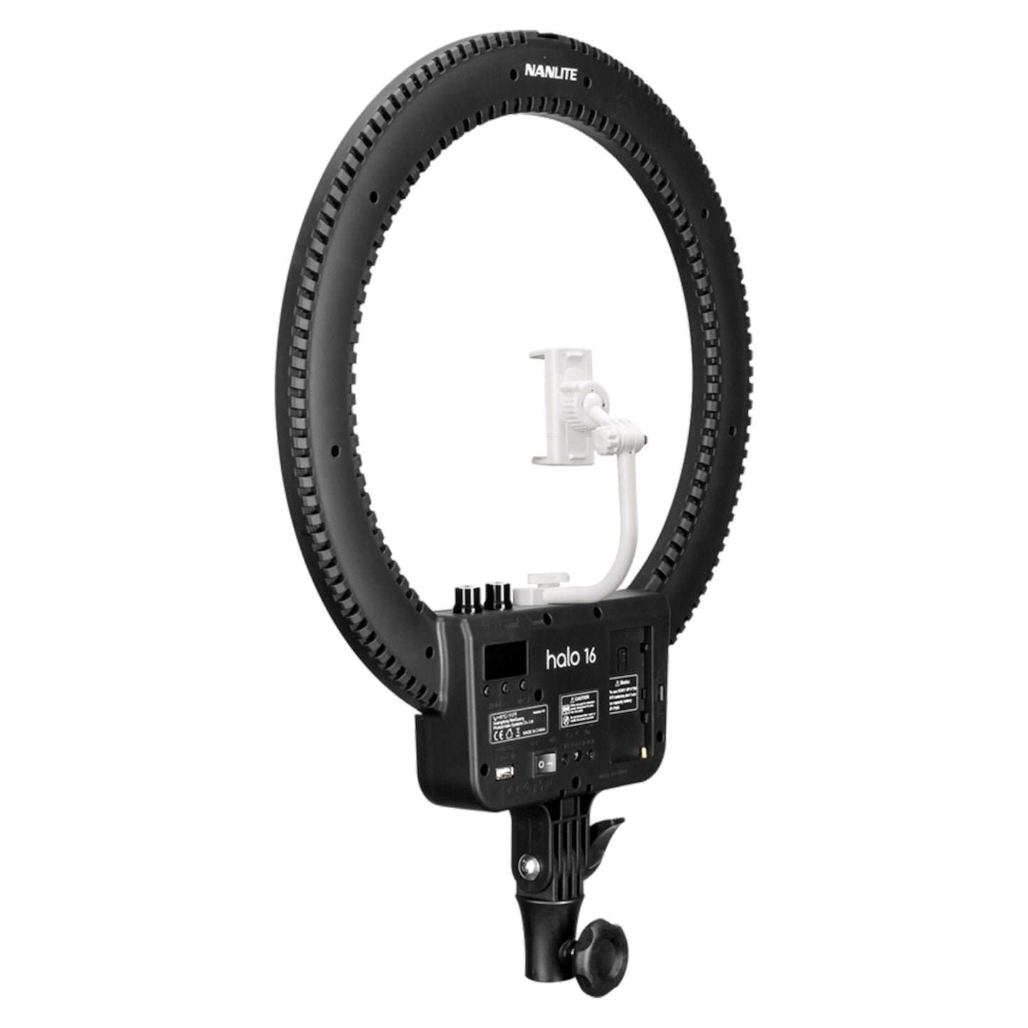 Nanlite Halo 16 LED ring light sort rund med justerbar hvid mobilholder, kontrolknapper og Nanlite-logo på toppen.