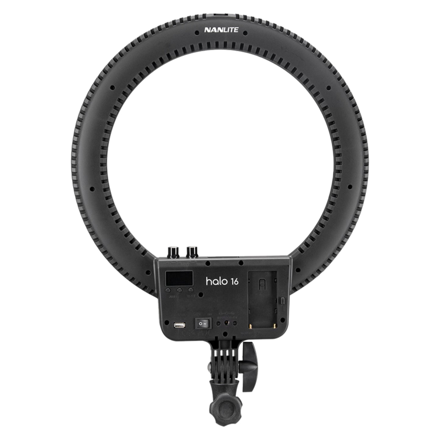 Nanlite Halo 16 sort LED-ringbelysning set bagfra med kontrolpanel, justeringsknapper og monteringsbeslag.