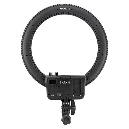 Nanlite Halo 16 sort LED-ringbelysning set bagfra med kontrolpanel, justeringsknapper og monteringsbeslag.