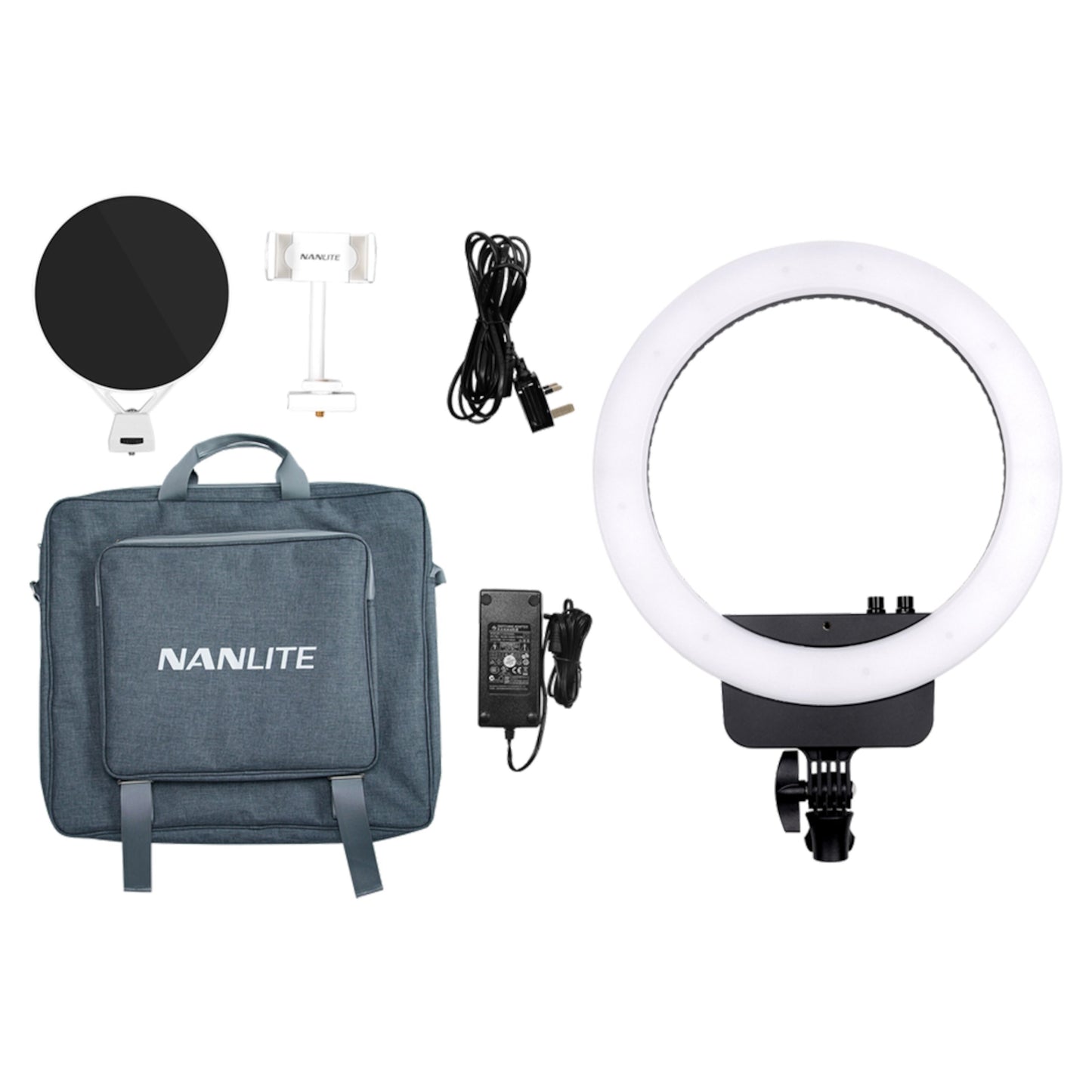 Nanlite Halo 16 LED ringbelysningssæt med taske, spejl, mobilholder, strømforsyning og ledning.