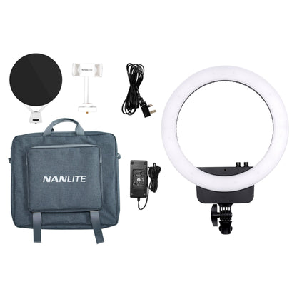 Nanlite Halo 16 LED ringbelysningssæt med taske, spejl, mobilholder, strømforsyning og ledning.