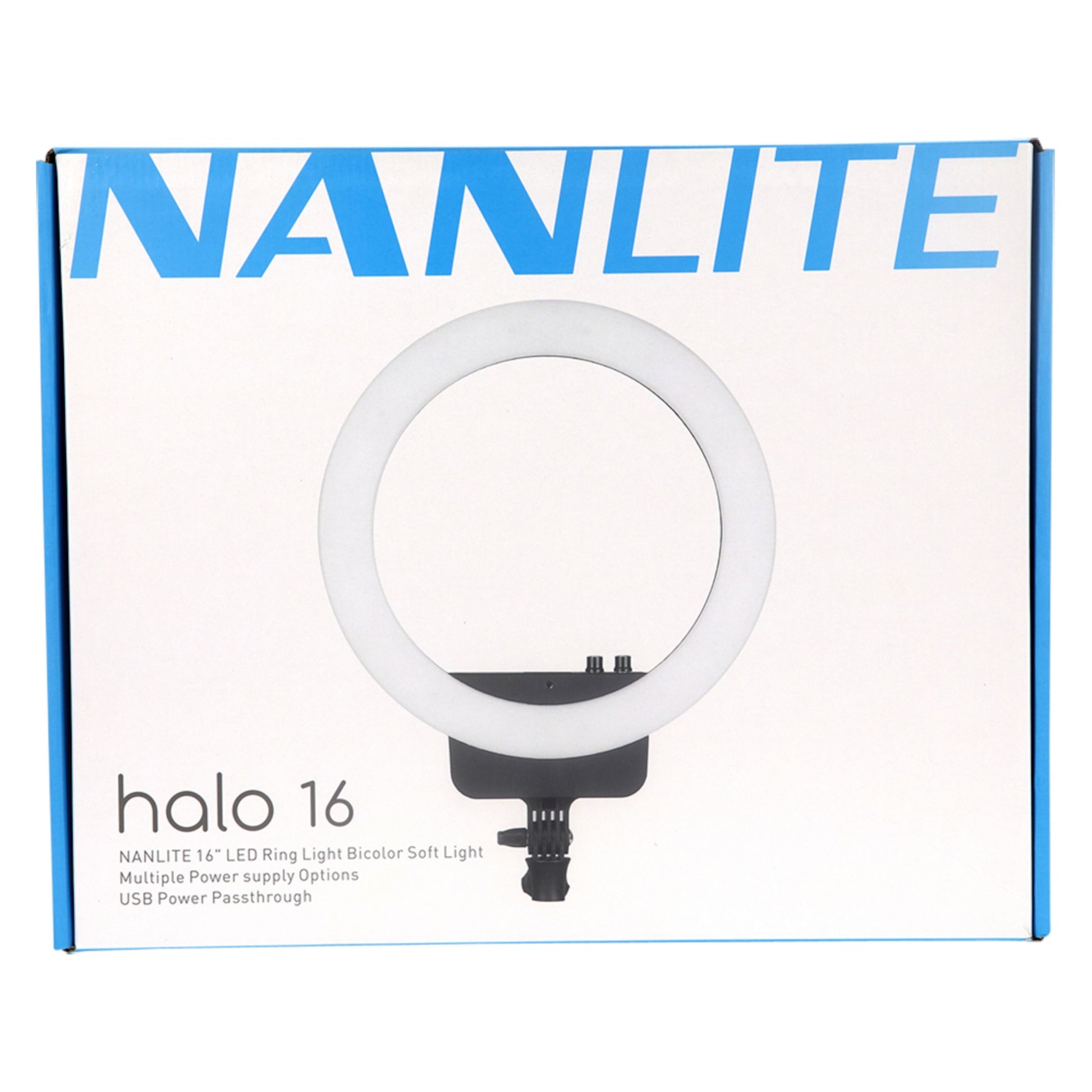 Nanlite Halo 16 LED ringbelysning boks med cirkulær LED-ring, blå Nanlite-logo, tofarvet lys, USB-strøm, selfie-lys.
