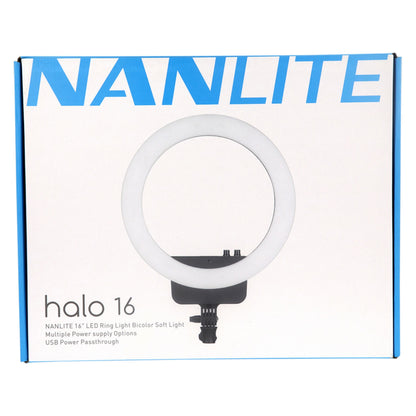 Nanlite Halo 16 LED ringbelysning boks med cirkulær LED-ring, blå Nanlite-logo, tofarvet lys, USB-strøm, selfie-lys.
