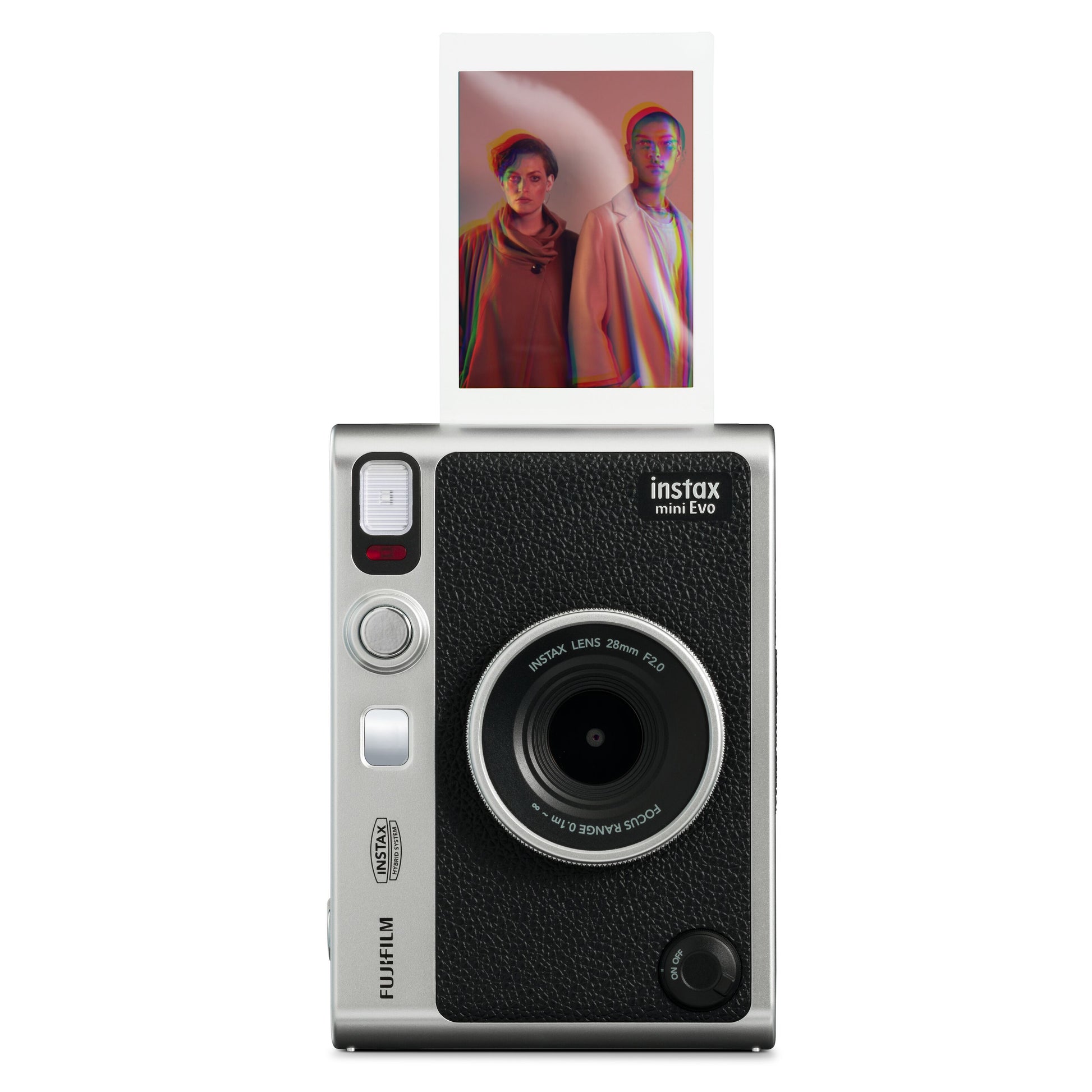 Fujifilm Instax Mini Evo sort instant kamera printer billeder direkte, kompakt design, Fujifilm logo synligt.