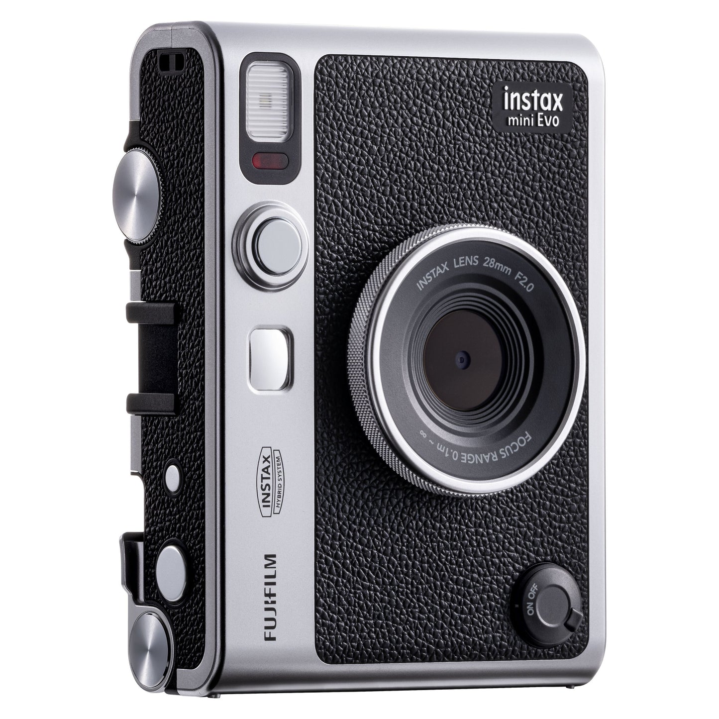 Fujifilm Instax Mini Evo Sort, sort og sølv tekstur, stor linse, blitz, drejehjul og knapper foran og på siden.