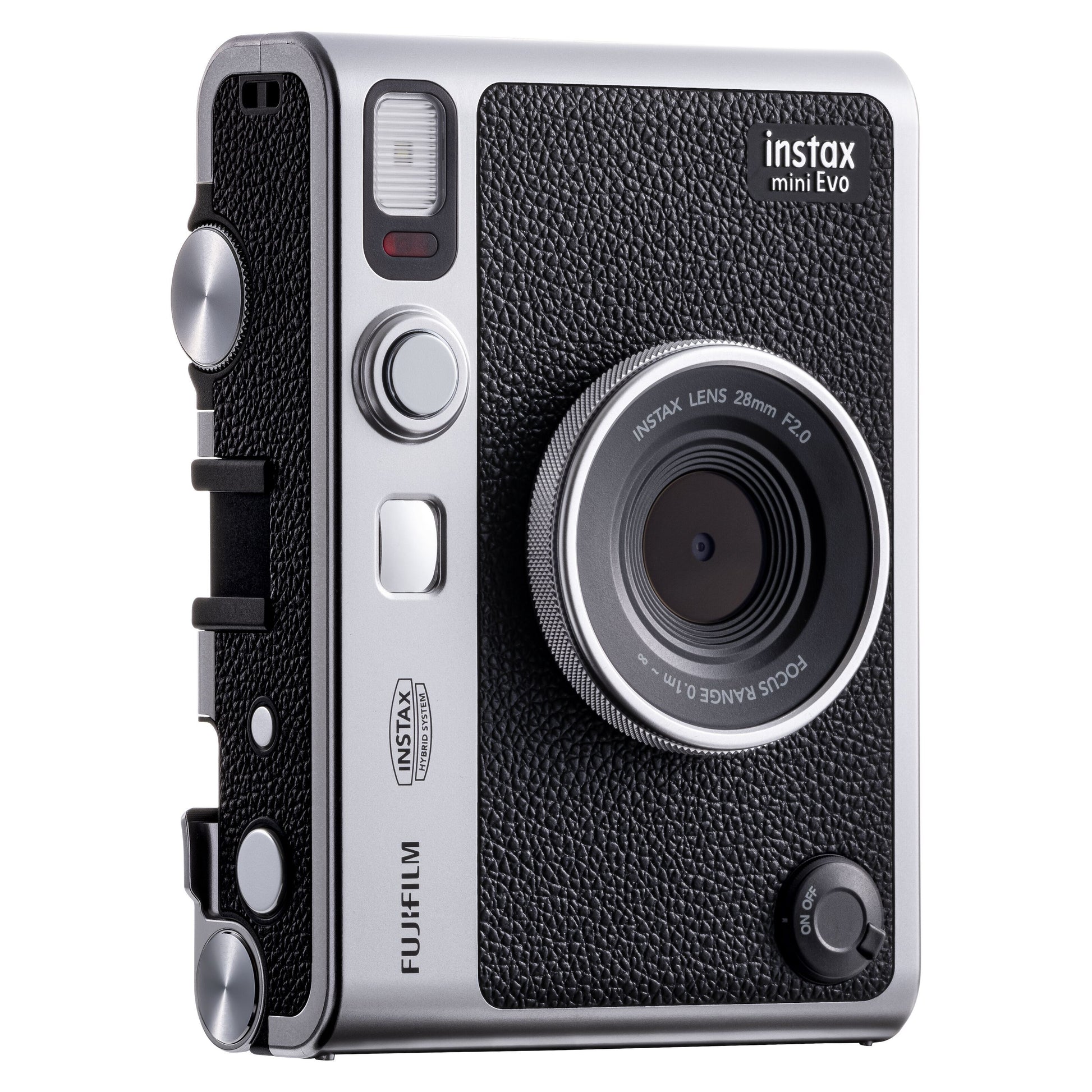 Fujifilm Instax Mini Evo Sort, sort og sølv tekstur, stor linse, blitz, drejehjul og knapper foran og på siden.