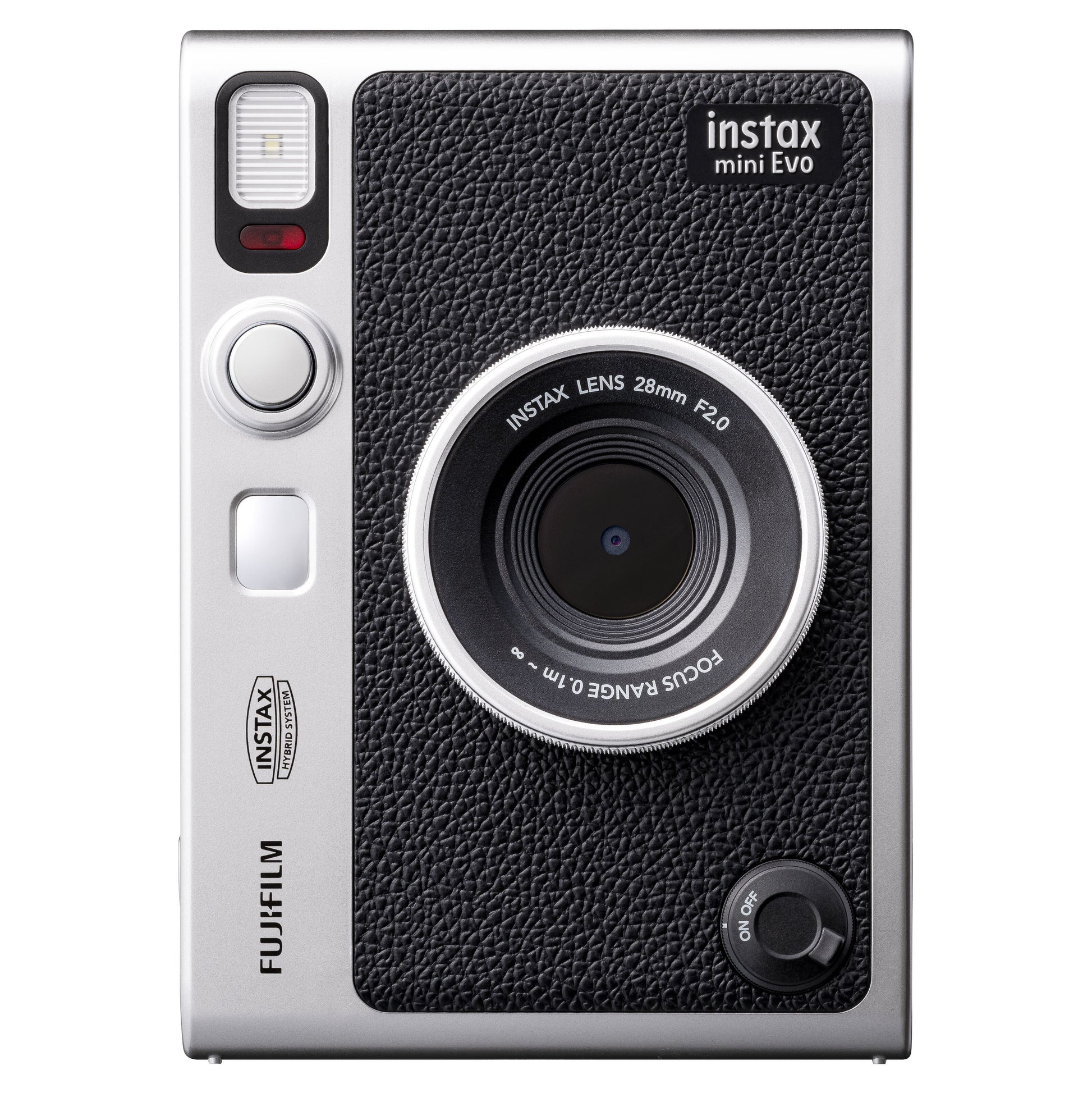 Fujifilm Instax Mini Evo Sort set forfra med sort og sølv design, tydelig linse, blitz og markerede knapper.