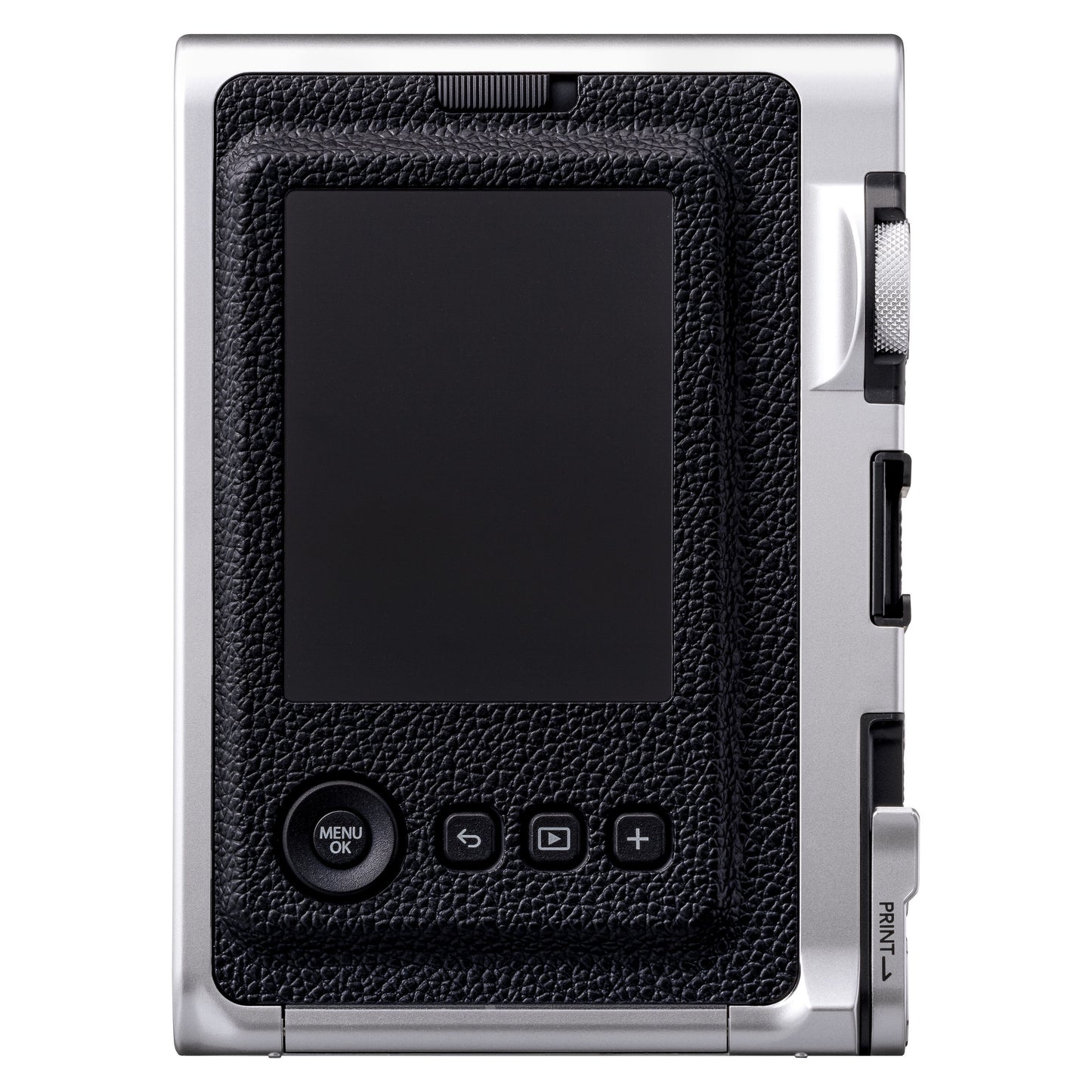 Fujifilm Instax Mini Evo Sort set bagfra med sort greb, rektangulær skærm, fire knapper og sidedrejehjul med PRINT-knap.