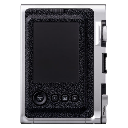 Fujifilm Instax Mini Evo Sort set bagfra med sort greb, rektangulær skærm, fire knapper og sidedrejehjul med PRINT-knap.