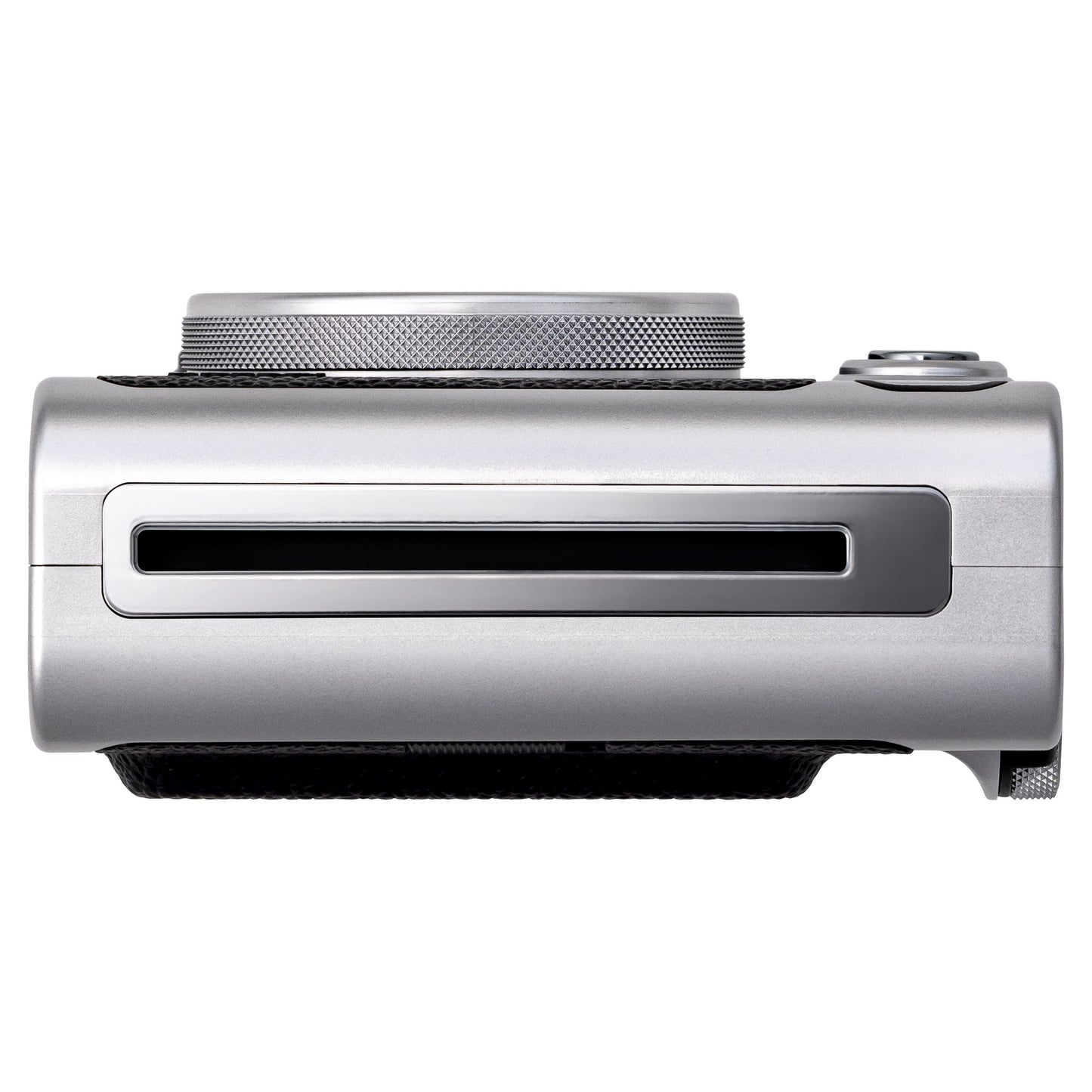 Fujifilm Instax Mini Evo Sort instant kamera set oppefra med objektiv, kontrolhjul og udløserknap, metallic finish.