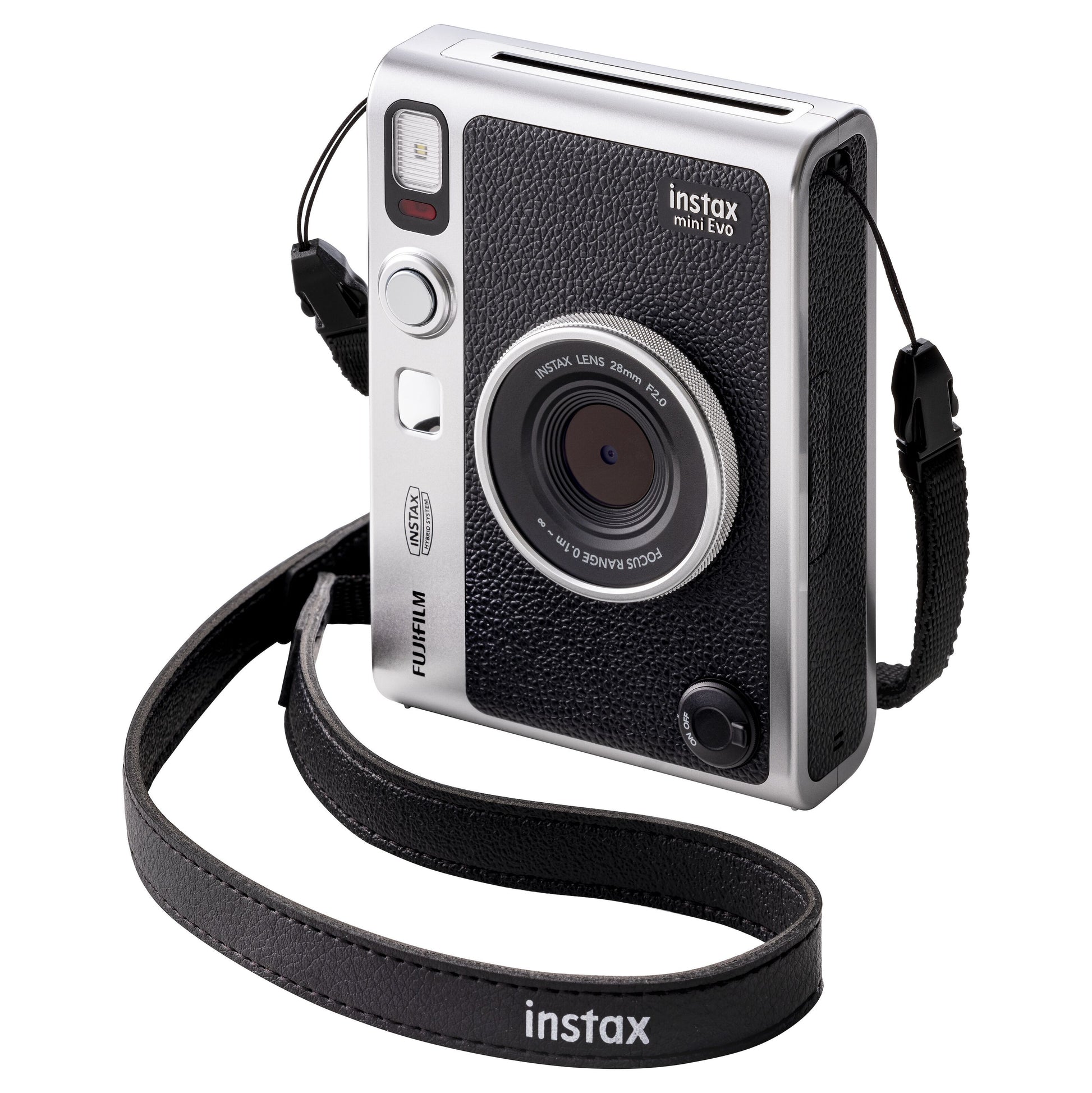 Fujifilm Instax Mini Evo instant kamera sort med tekstureret overflade, sølvdetaljer og rem med instax-logo.