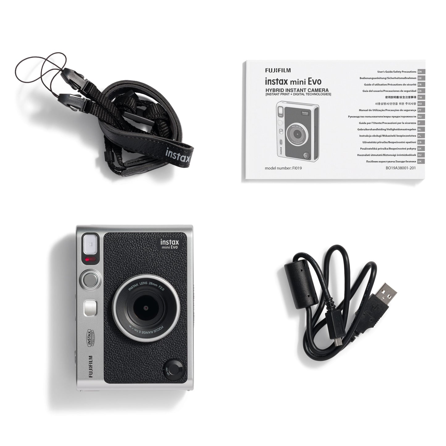 Fujifilm Instax Mini Evo Sort instantkamera med nakkestrop, brugervejledning og USB-opladerkabel i sort.
