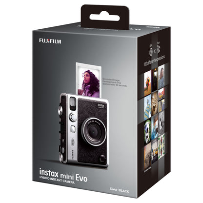 Fujifilm Instax Mini Evo Sort æske med sort instantkamera, billedudskrivning og eksempler på fotos på emballagen.