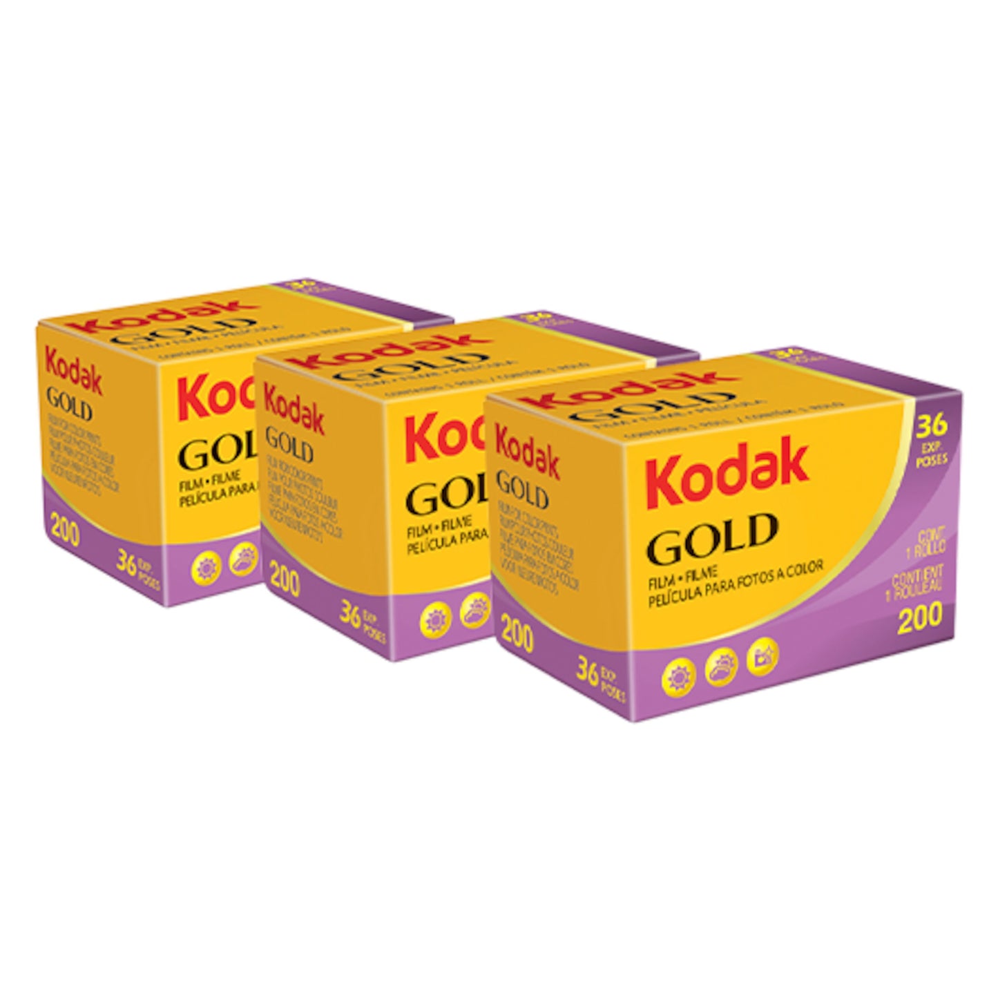 Kodak Guld 135-film 36 billeder farve ISO 200 3-pak, gule/lilla bokse med rødt Kodak-logo, vist fra siden.