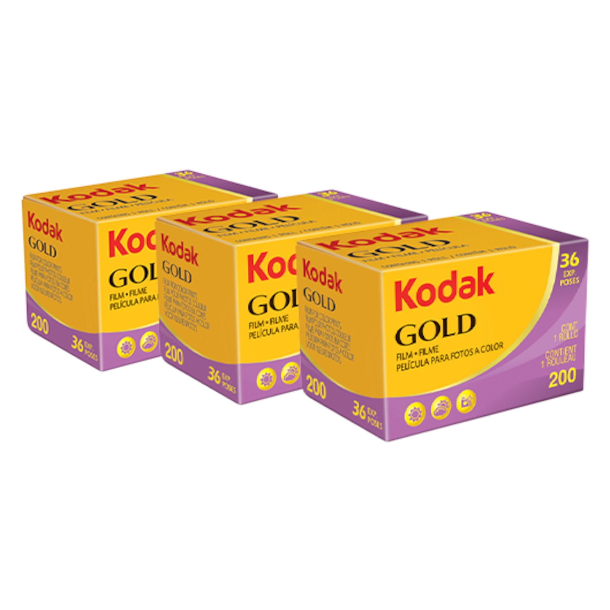 Kodak Guld 135-film 36 billeder farve ISO 200 3-pak, gule/lilla bokse med rødt Kodak-logo, vist fra siden.