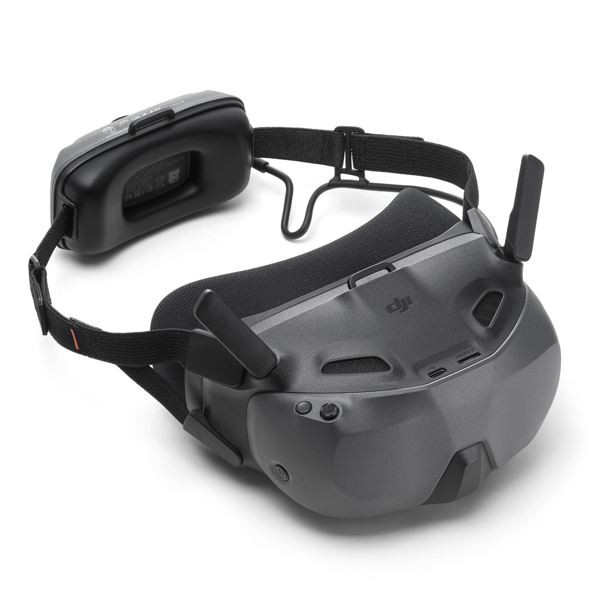 DJI Neo Motion Fly More Combo med FPV-briller mørkegrå, justerbar hovedrem, skumpude, antenne og batteripakke.