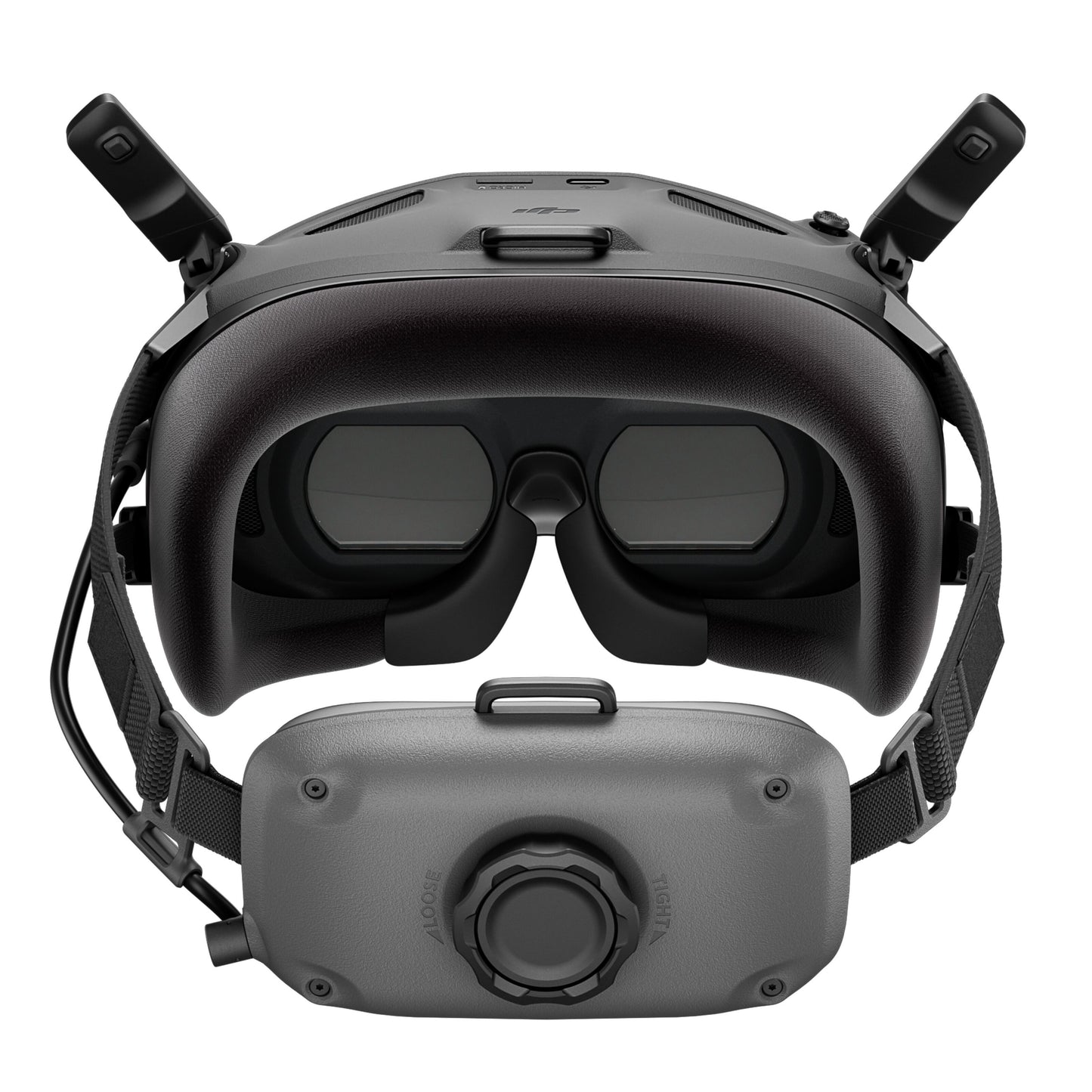 DJI Neo Motion Fly More Combo sort VR-headset med justerbare stropper, store dual-linser og eksterne antenner med tilhørende modul.