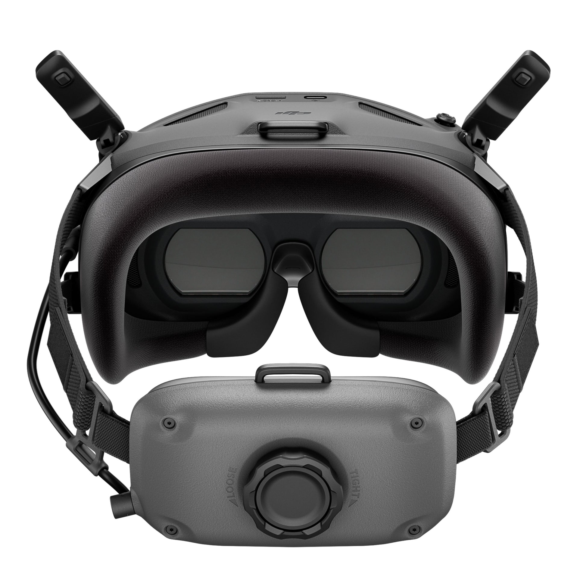 DJI Neo Motion Fly More Combo sort VR-headset med justerbare stropper, store dual-linser og eksterne antenner med tilhørende modul.