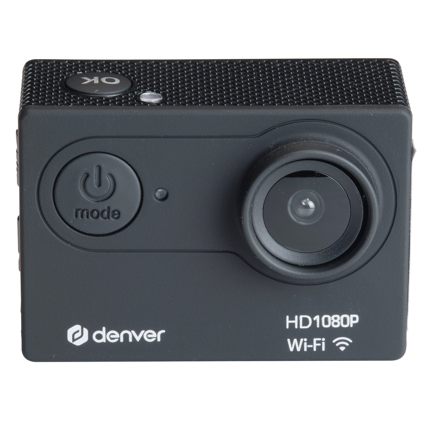 Denver ACW-5054 Actionkamera sort, frontvisning med linse, mode/power-knap, mærkater til Full HD 1080P og Wi-Fi.
