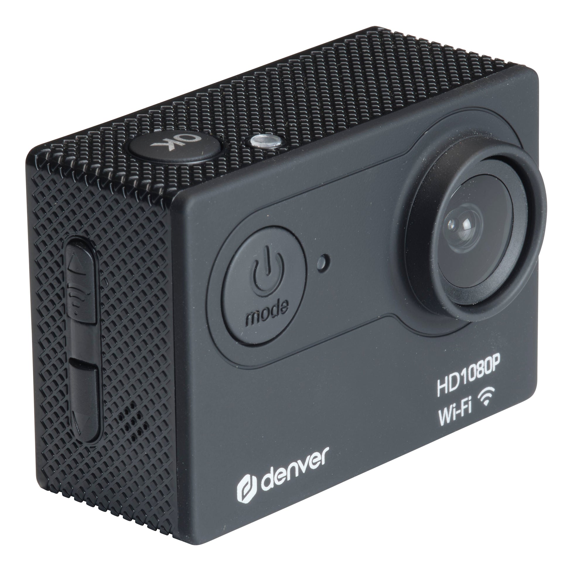 Denver ACW-5054 actionkamera sort, tekstureret, vandtæt med stor linse, strøm-/modeknap, sideslot, Full HD 1080P Wi-Fi mærket.