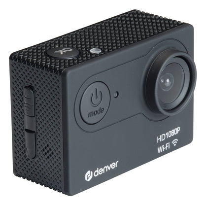 Denver ACW-5054 actionkamera sort, tekstureret, vandtæt med stor linse, strøm-/modeknap, sideslot, Full HD 1080P Wi-Fi mærket.