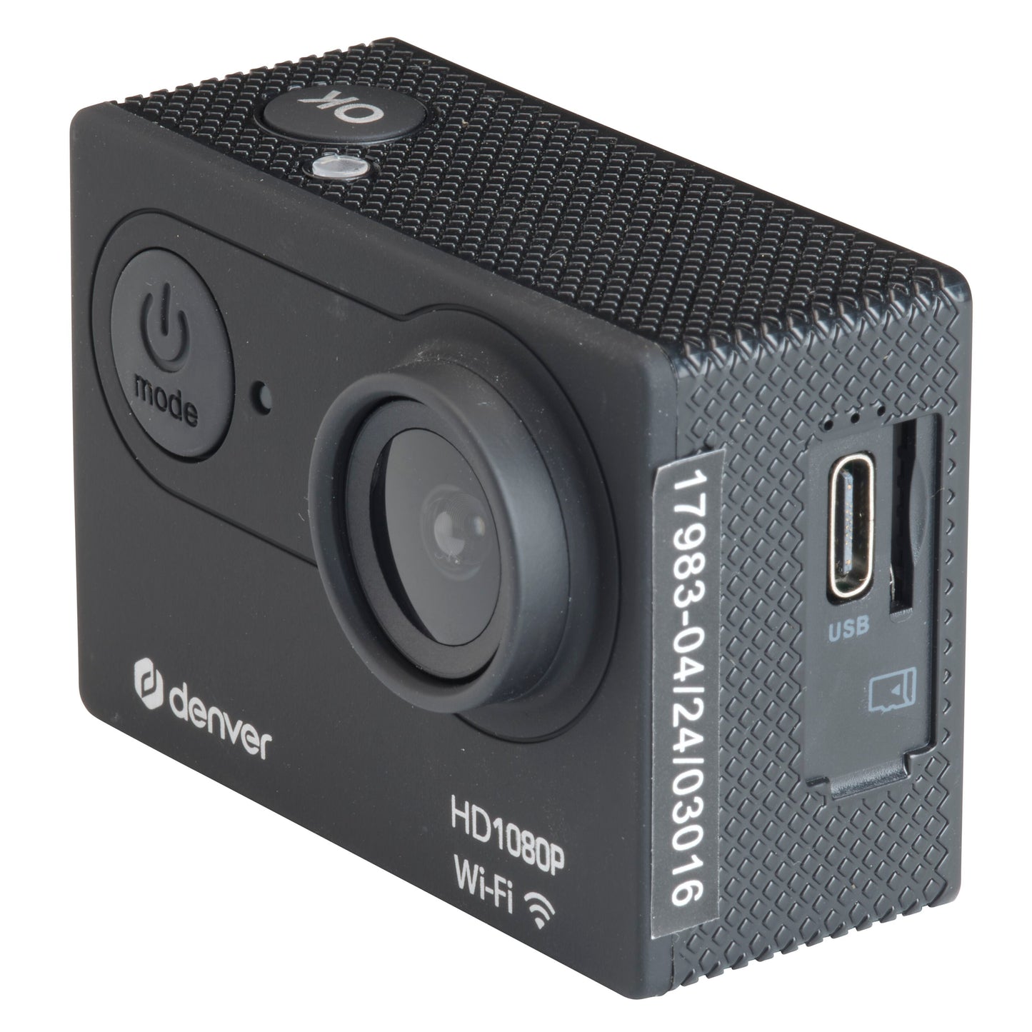 Denver ACW-5054 actionkamera sort, Full HD, wifi, stor linse, mode- og tænd/sluk-knap, USB-port, synligt serienummer.