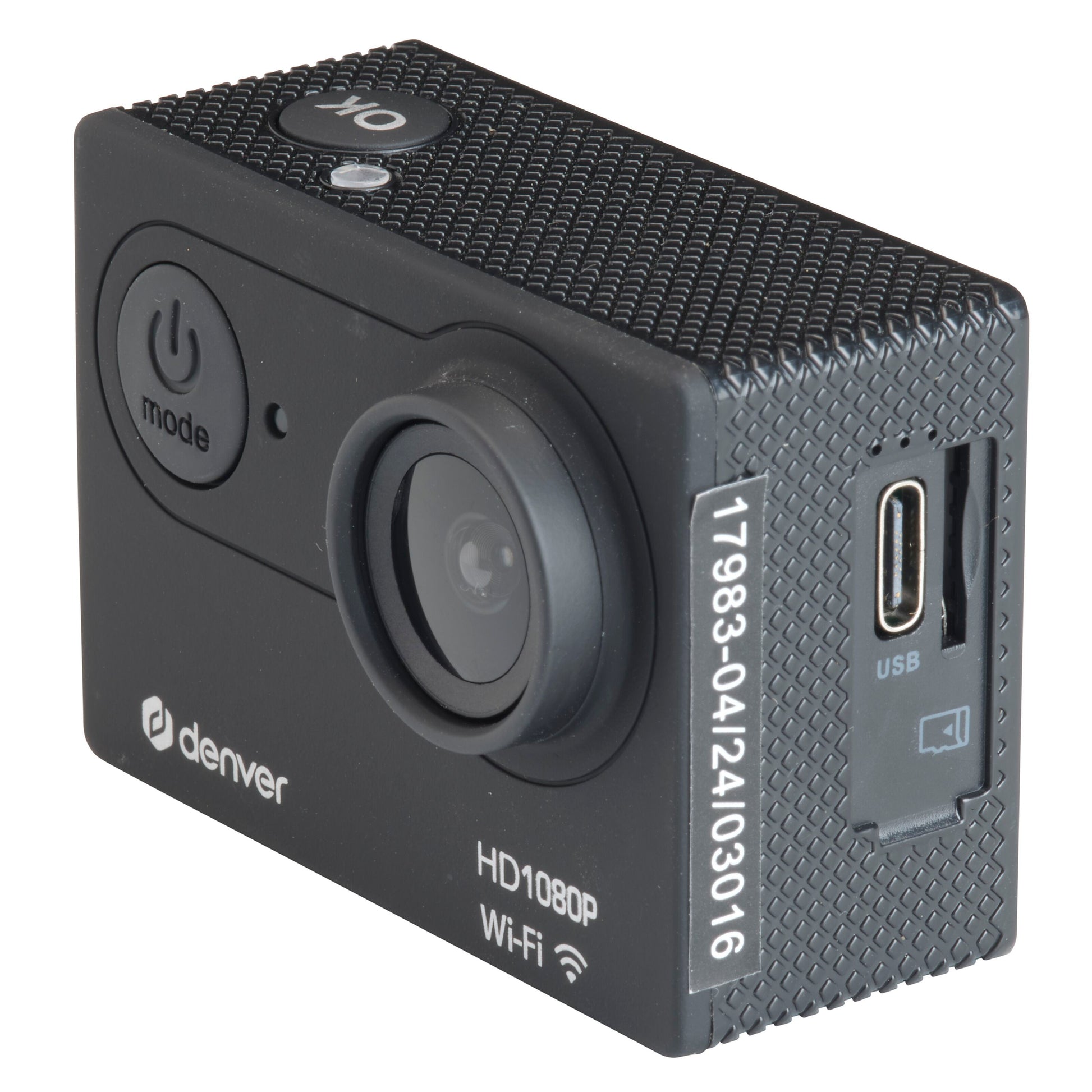 Denver ACW-5054 actionkamera sort, Full HD, wifi, stor linse, mode- og tænd/sluk-knap, USB-port, synligt serienummer.